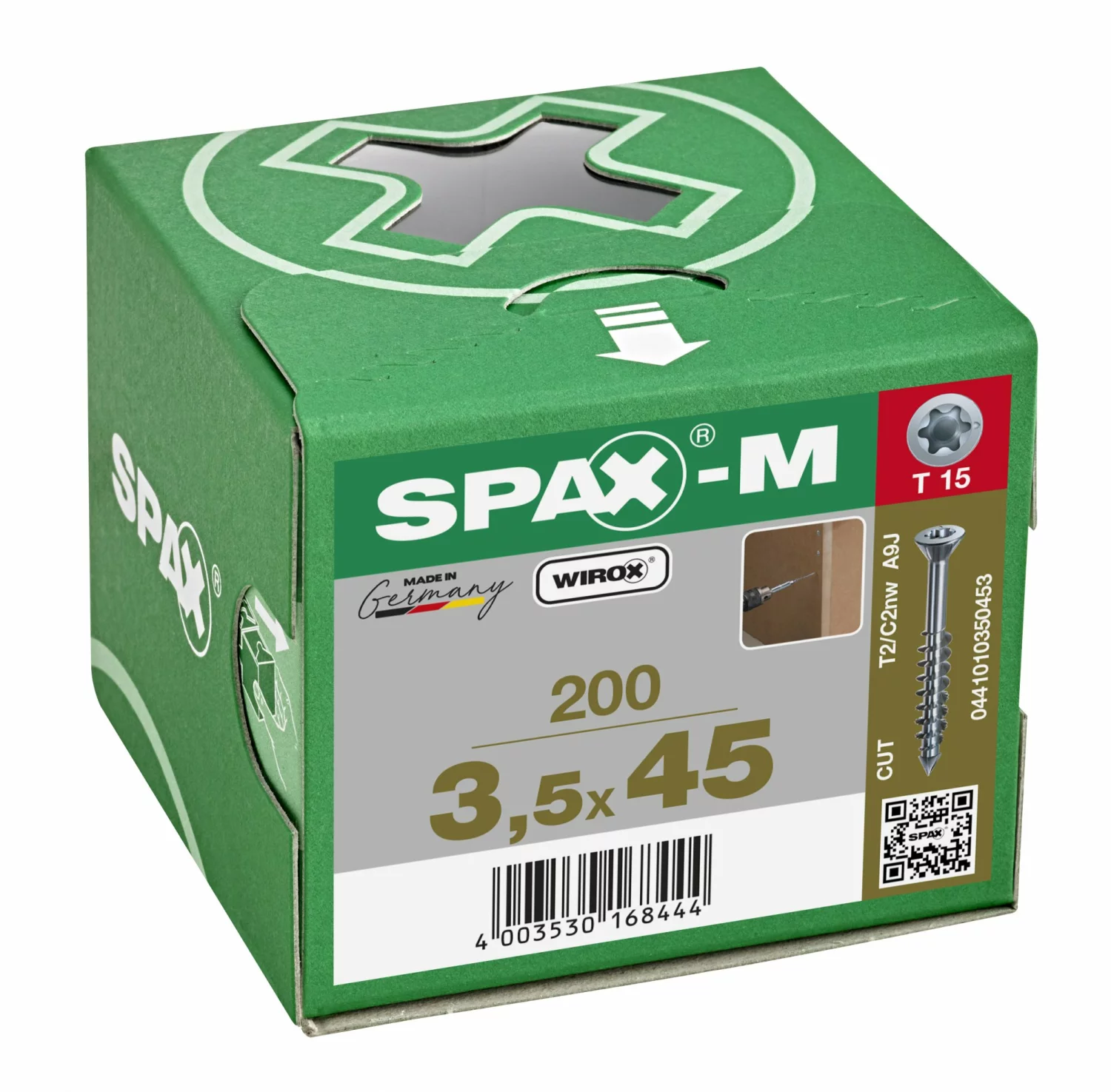 SPAX 441010350453 - SPAX-M, 3,5 x 45 mm, 200 pièces, Filetage partiel, Tête fraisée, T-STAR plus T15, Pointe CUT, WIROX