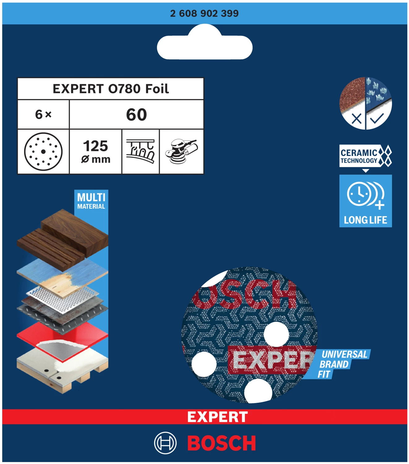 Bosch 2608902399 Disque abrasif EXPERT O780 avec support film - 125 mm - K60 (6 pièces)-image