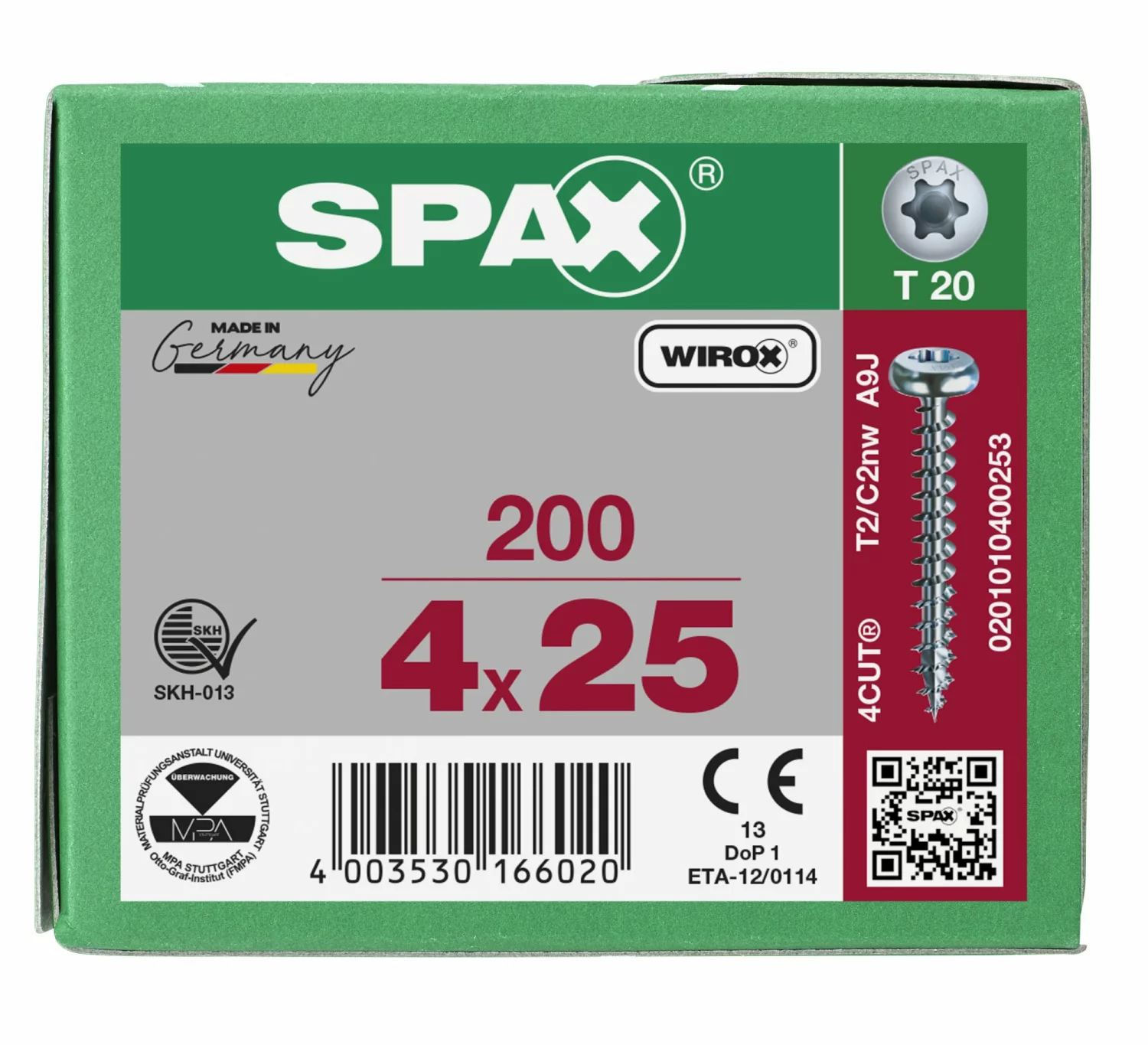 SPAX 201010400253 - Vis universelle, 4 x 25 mm, 200 pièces, Tête centrante, Tête ronde, T-STAR plus T20, 4CUT, WIROX-image