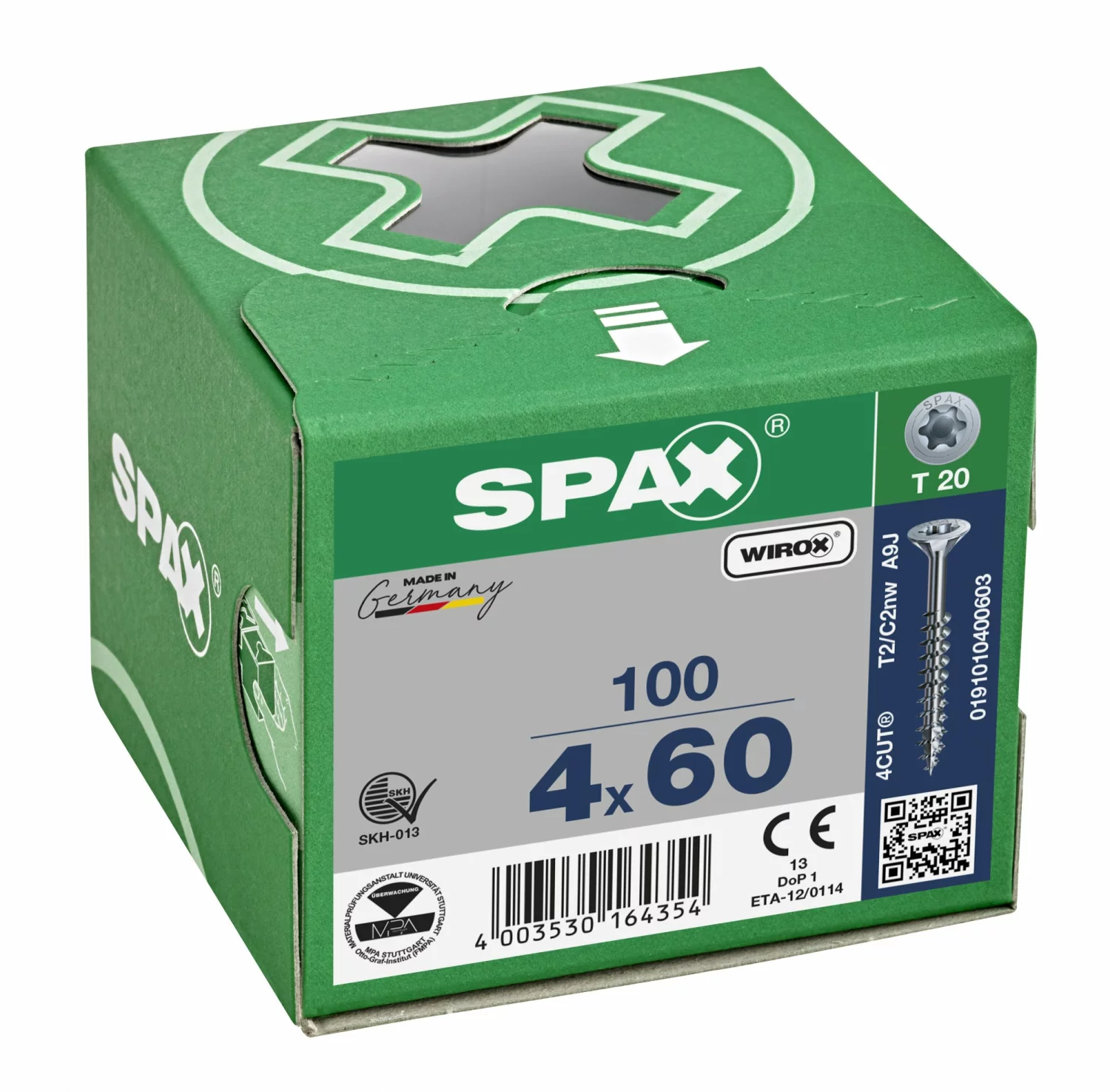 SPAX 191010400603 - Vis universelle, 4 x 60 mm, 100 pièces, Filetage partiel, Tête fraisée, T-STAR plus T20, 4CUT, WIROX-image