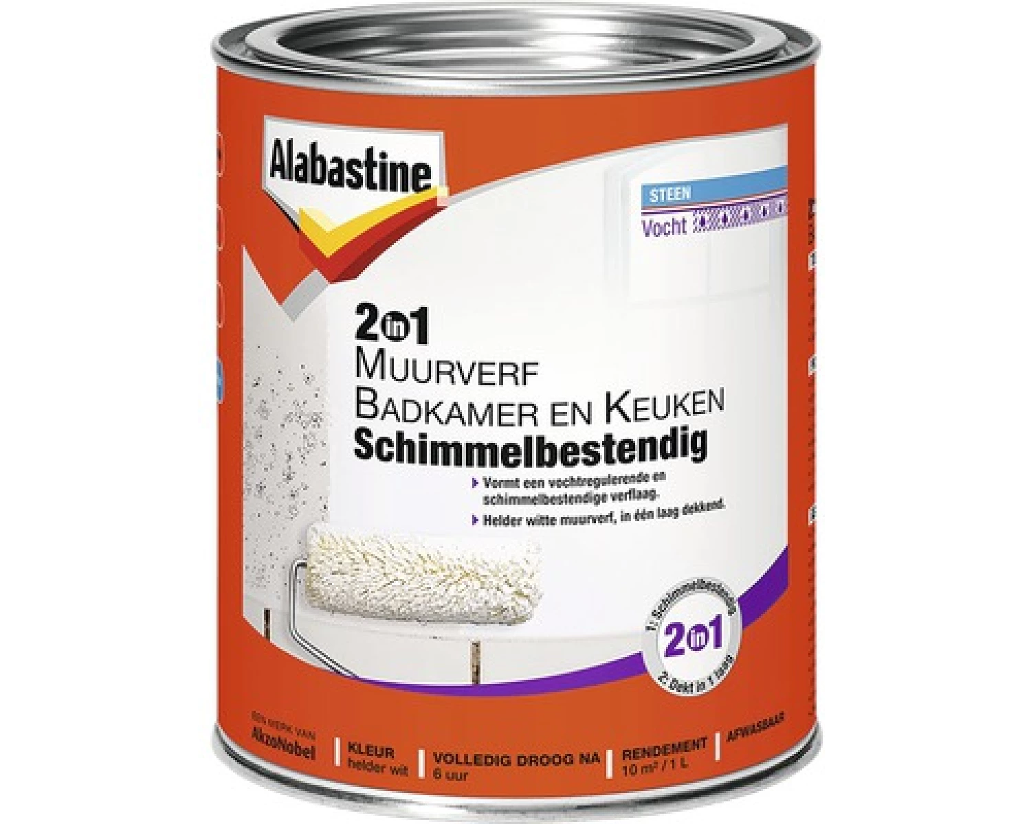 Alabastine 2In1 Muurverf Badkamer En Keuken Schimmelbestendig - Wit - 2,5L
