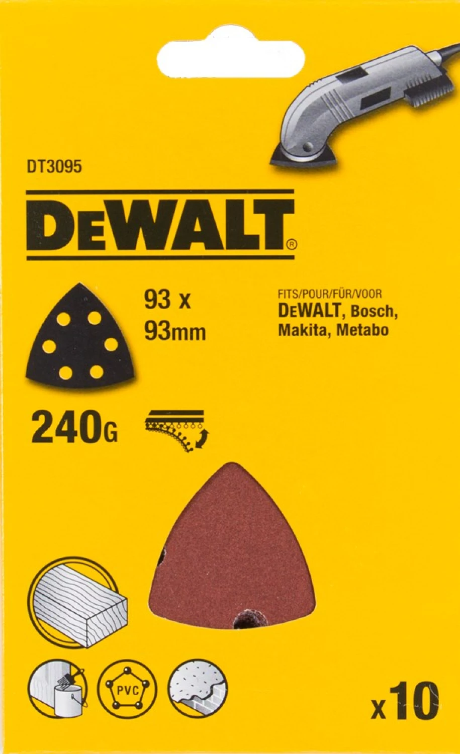 DeWALT DT3095 Deltaschuurpapier - K240 - 93x93mm - 6 gaten - 10st