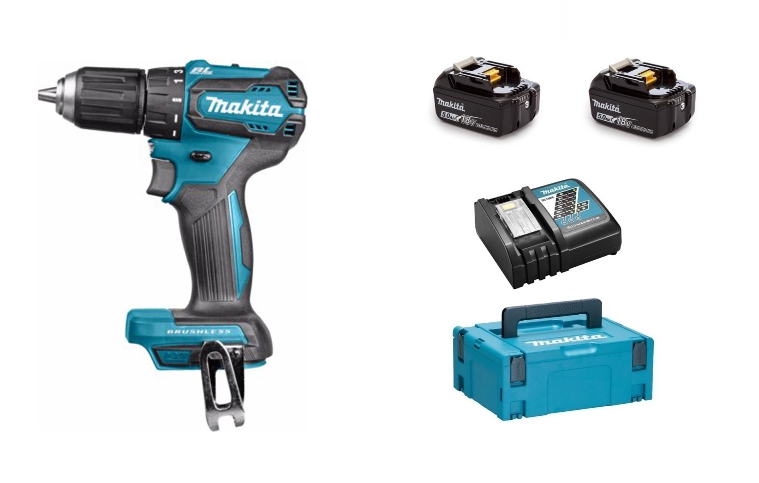 Makita DHP483RTJ 18V Li-Ion sans fil perceuse à percussion/tournevis (2x 5.0Ah batteries) dans Mbox - sans balais-image