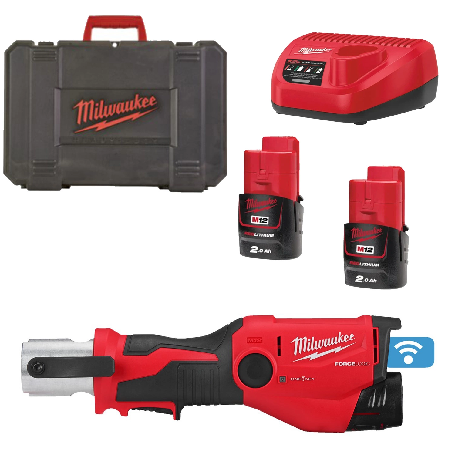Milwaukee M12 ONEHPT-202C Kit de pince hydraulique à batterie Li-ion 12 V (2 batteries 2,0 Ah) dans un coffret-image