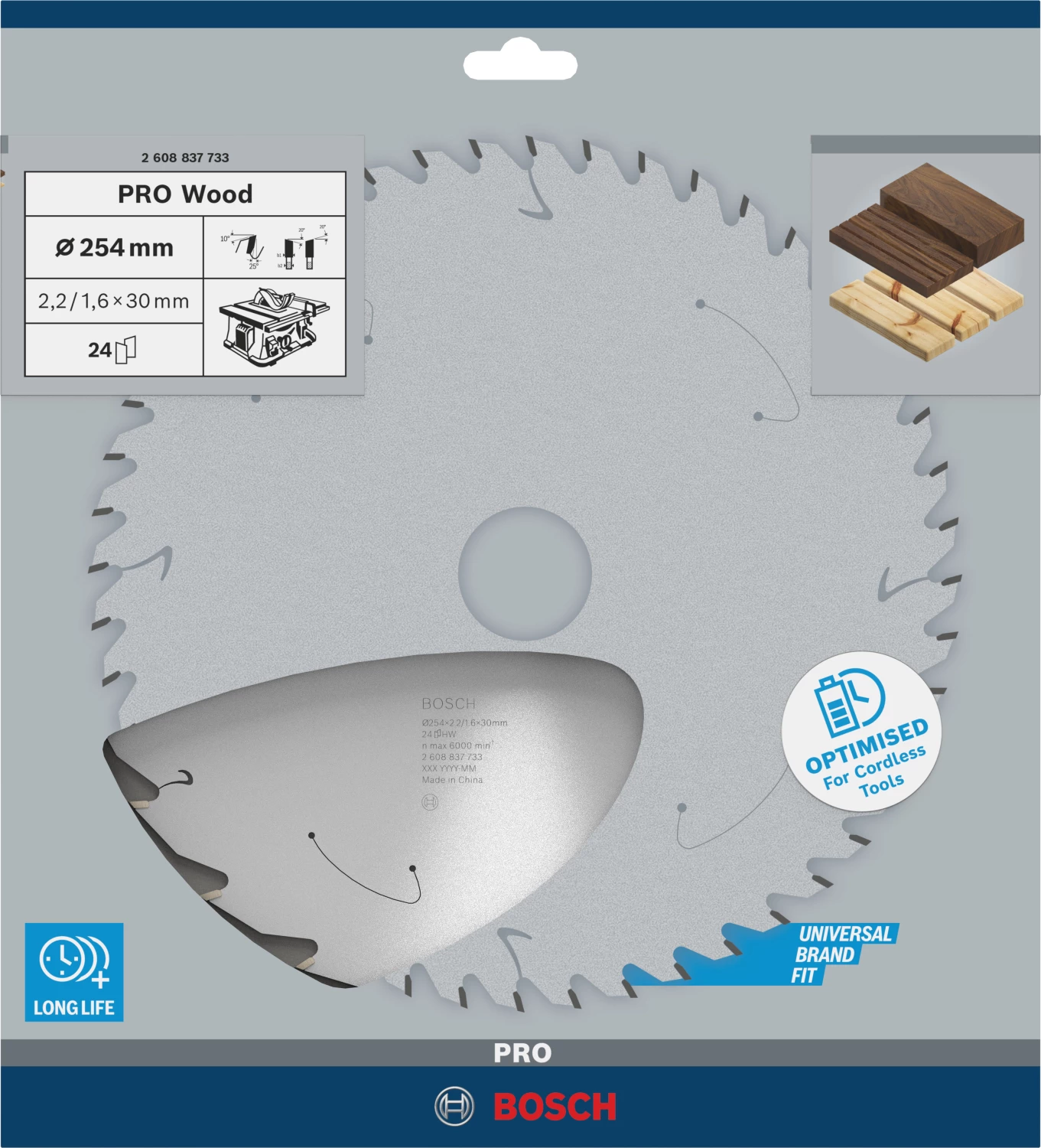 Bosch 2608837733 PRO accu tafelzaagblad voor Hout - 254 x 30 x 24T