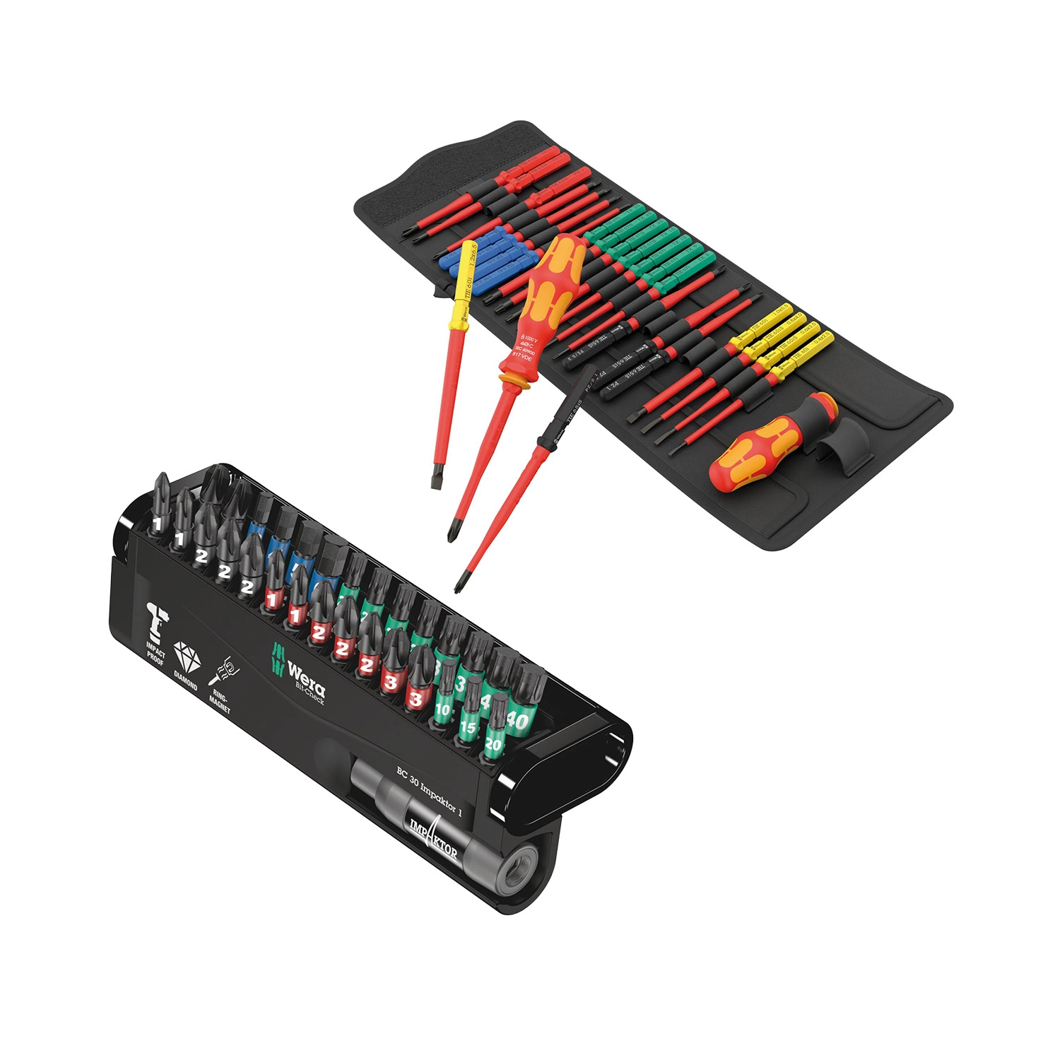 Wera 05006617001 26-pièces Kraftform Kompakt VDE Big Pack 1 set de lames interchangeables en étui + 05057690001 30-pièces Bitcheck Impaktor 1 set de bits - PH/PZ/TX/HX-image