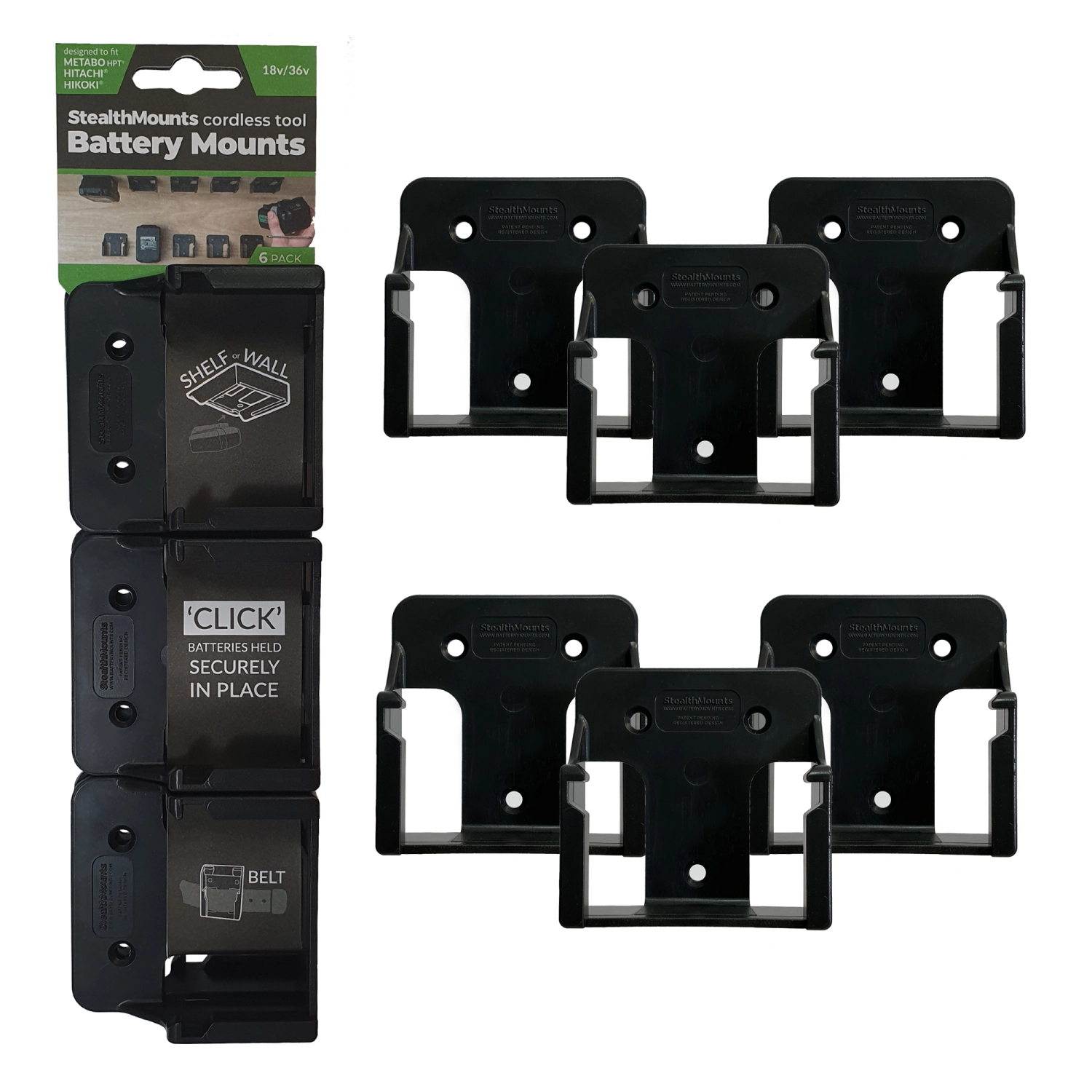 StealthMounts BM-MHH18-BLK-6 - Support batterie (6pcs) pour Hikoki/Metabo 18V/36V - noir-image