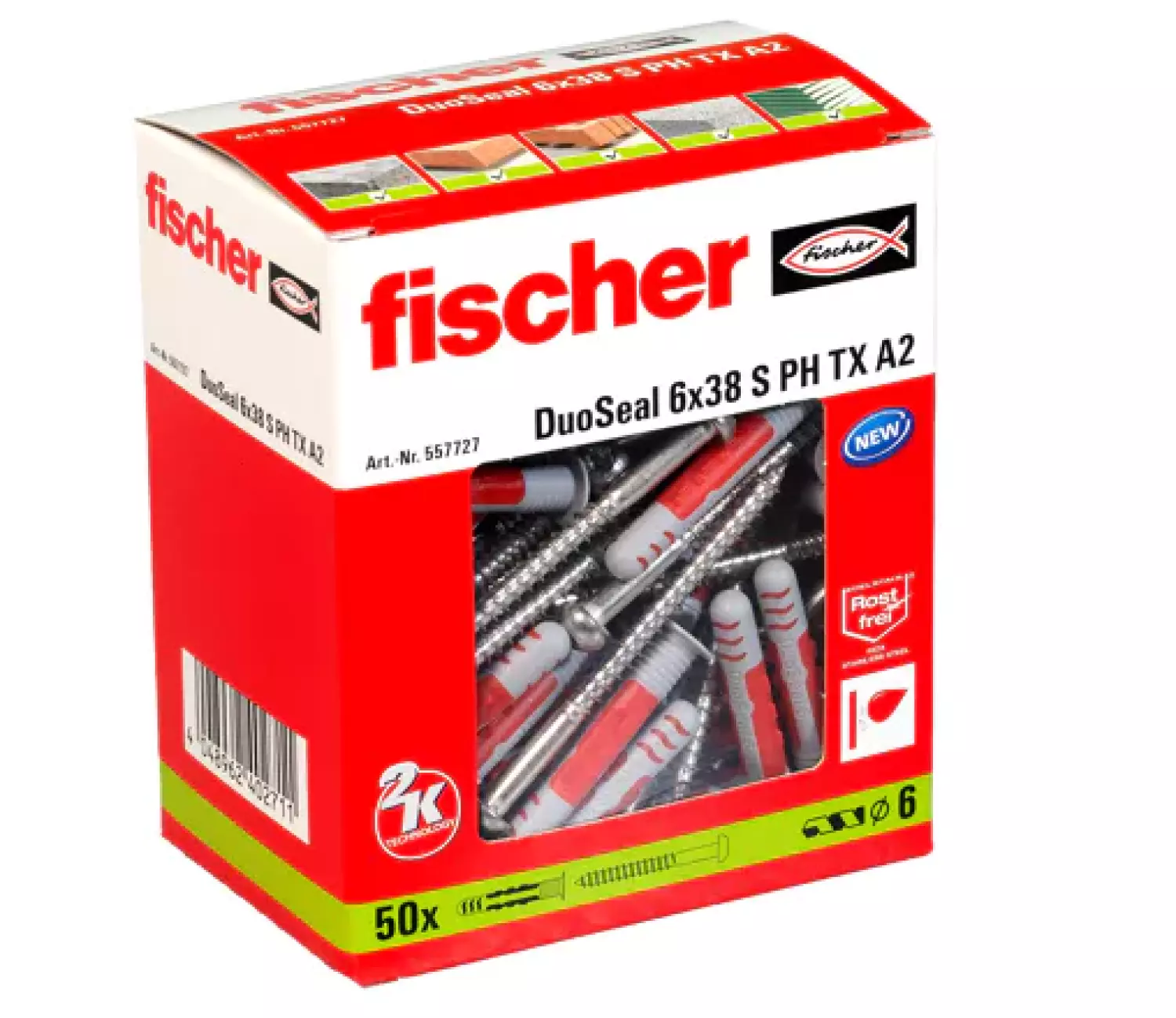 Fischer 557727 DuoSeal avec vis à tête sphérique A2 en acier inoxydable - 6 x 38 mm (50pcs)-image