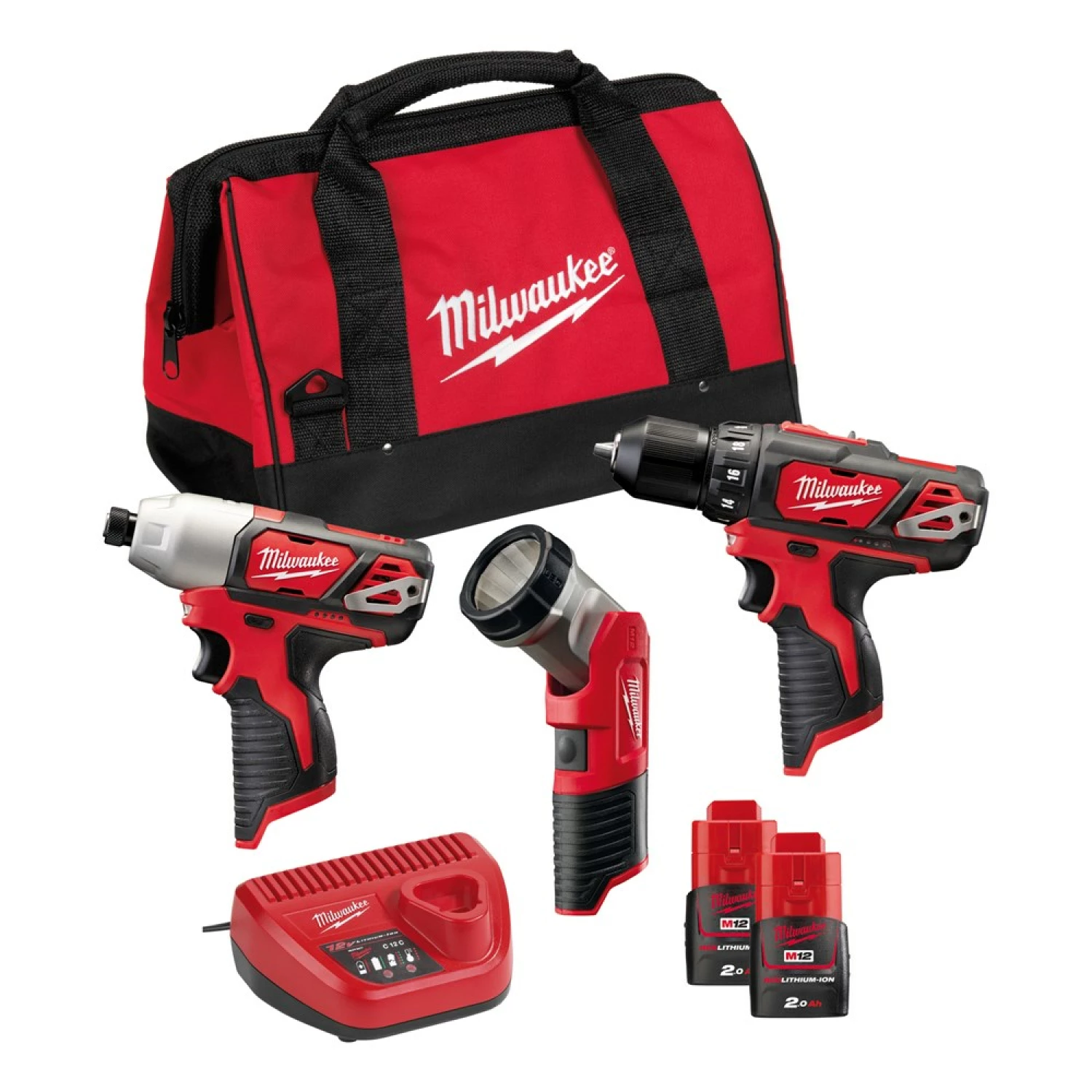 Milwaukee M12 BPP3A-202B - Set Li-Ion 12V - Perceuse visseuse (M12 BDD) & viseuse à choc (M12 BID) & accu_lampe torche (C12 T) + (2x batterie 2.0Ah) dans sac-image