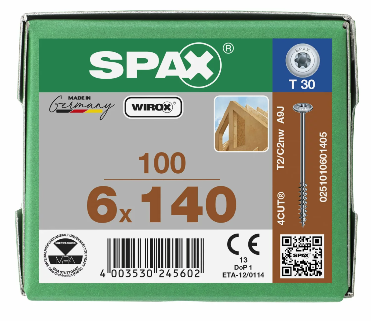 SPAX 251010601405 - HI.FORCE, 6 x 140 mm, 100 pièces, Filetage partiel, Tête disque, T-STAR plus T30, 4CUT, WIROX-image