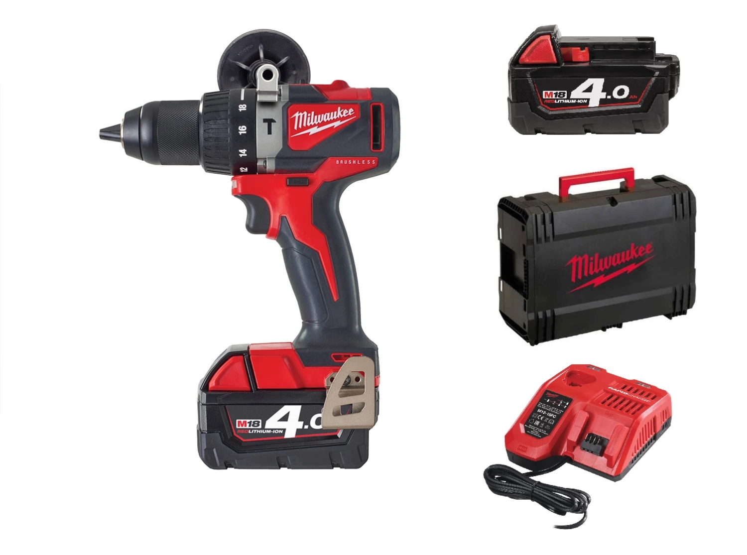 Milwaukee M18 BLPD2-402X Ensemble perceuse / tournevis à percussion sur batterie 18V Li-Ion (2x batterie 4.0Ah) dans un boîtier HD - sans balai - 82Nm-image