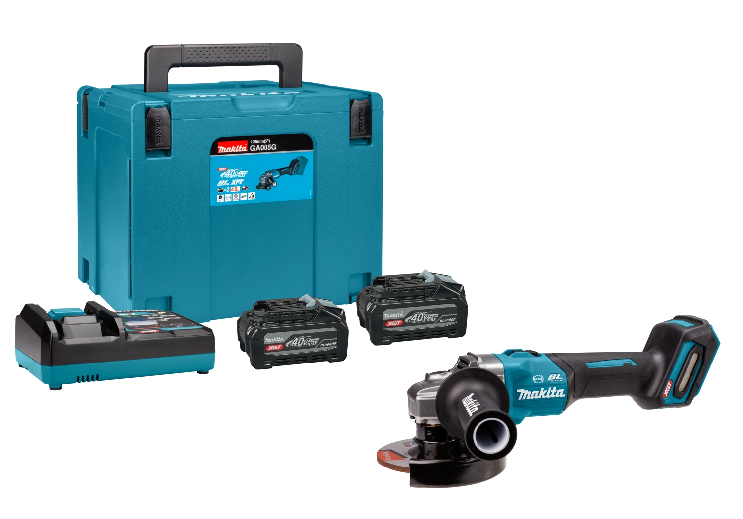 Makita GA005GU201 40V Max Li-ion meuleuse d'angle set (2x 4.0Ah batterie) dans Mbox - 125mm - Interrupteur à verrouillage-image