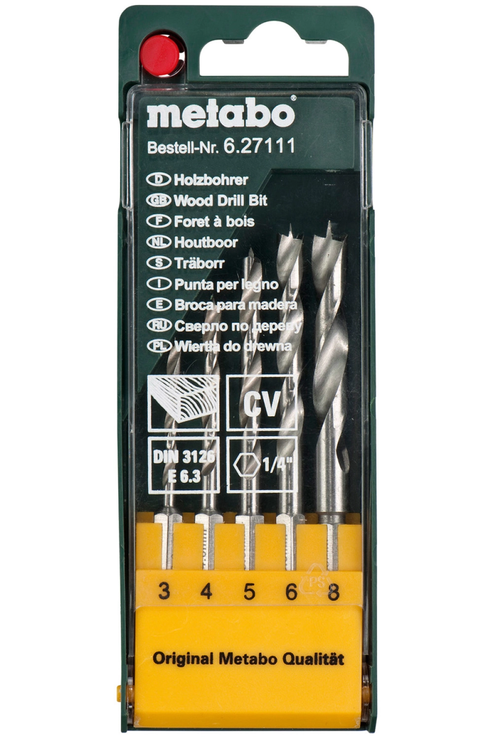 Metabo 627111000 Jeu de 5 forets hélicoïdaux pour le bois en cassette - 3-8mm