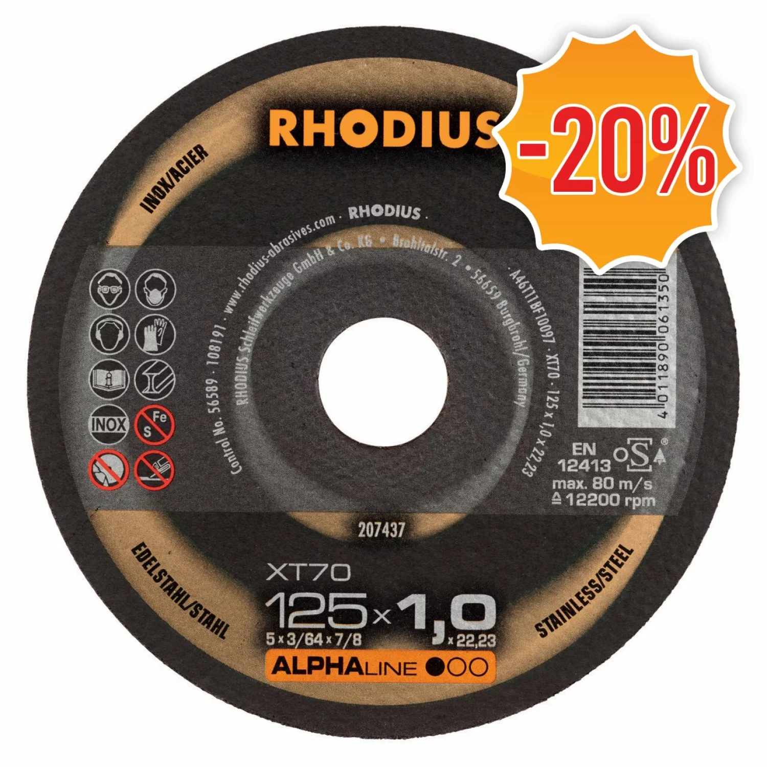 Rhodius 207437 Alphaline I XT70 - Disque à tronçonner - extra fin - 125 x 22,23 x 1mm - inox/acier (25pcs)-image