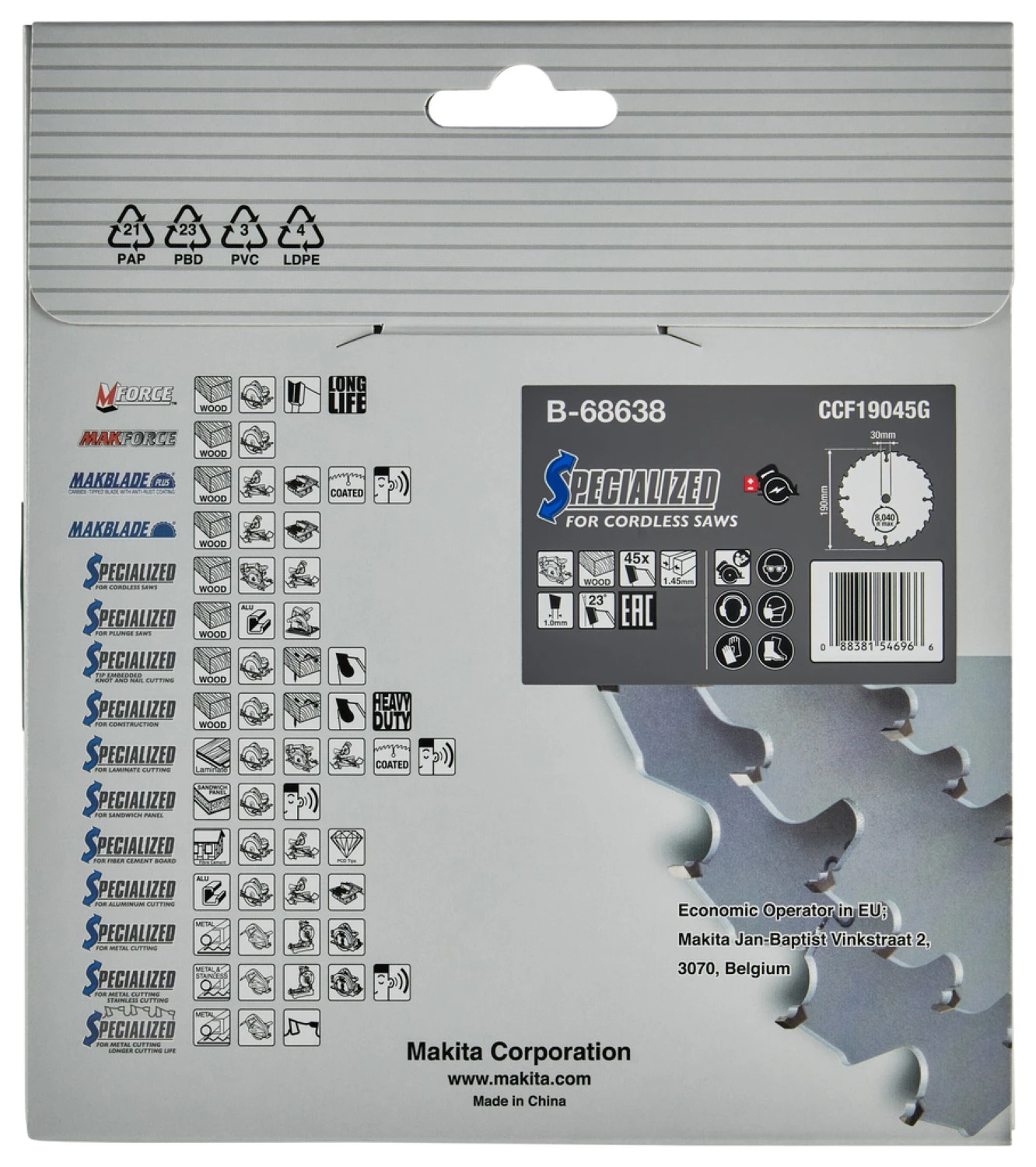 Makita B-68638 Cirkelzaagblad Hout - 190x30x1,45mm 45T-image