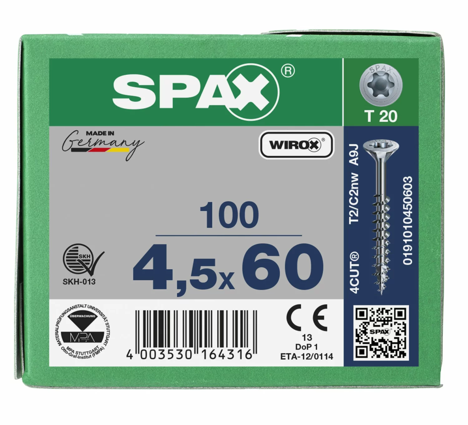 SPAX 191010450603 - Vis universelle, 4,5 x 60 mm, 100 pièces, Filetage partiel, Tête fraisée, T-STAR plus T20, 4CUT, WIROX-image