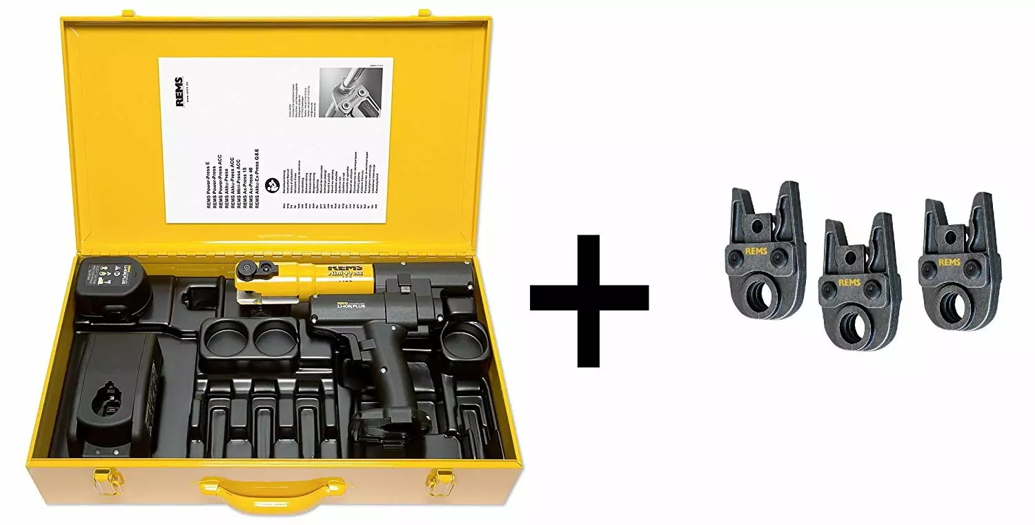 Rems 578025 14,4V Li-Ion accu Mini-Press AC Radiaalpers set (1x 2,5Ah accu) in koffer + 3 bekken V15-22-28-image