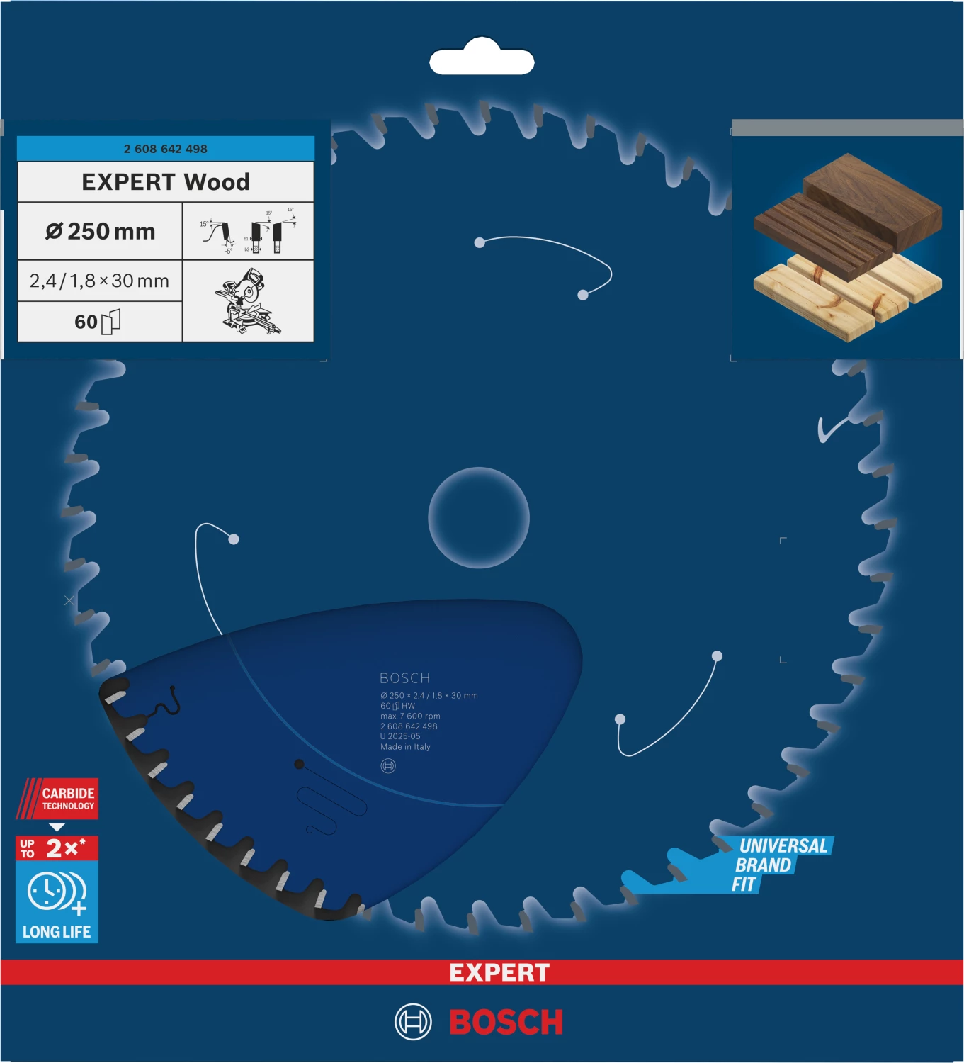 Bosch 2608642498 - Lame de Scie Circulaire Expert pour Wood, 250 x 30 x 2,4 mm, 60D-image