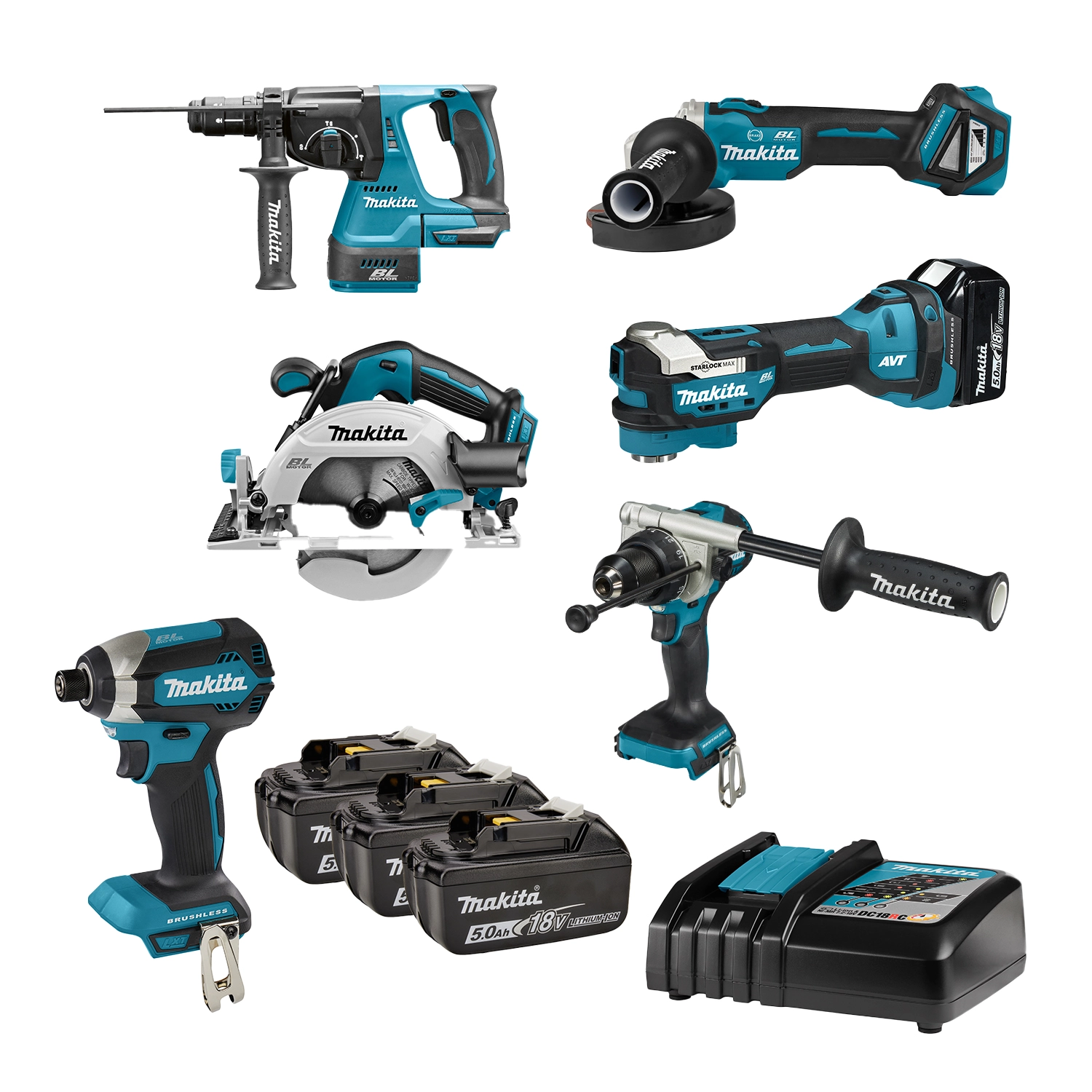 Makita DLX6126JX1 Kit combiné 6 pièces (3 batteries 5,0 Ah + chargeur de batterie)-image