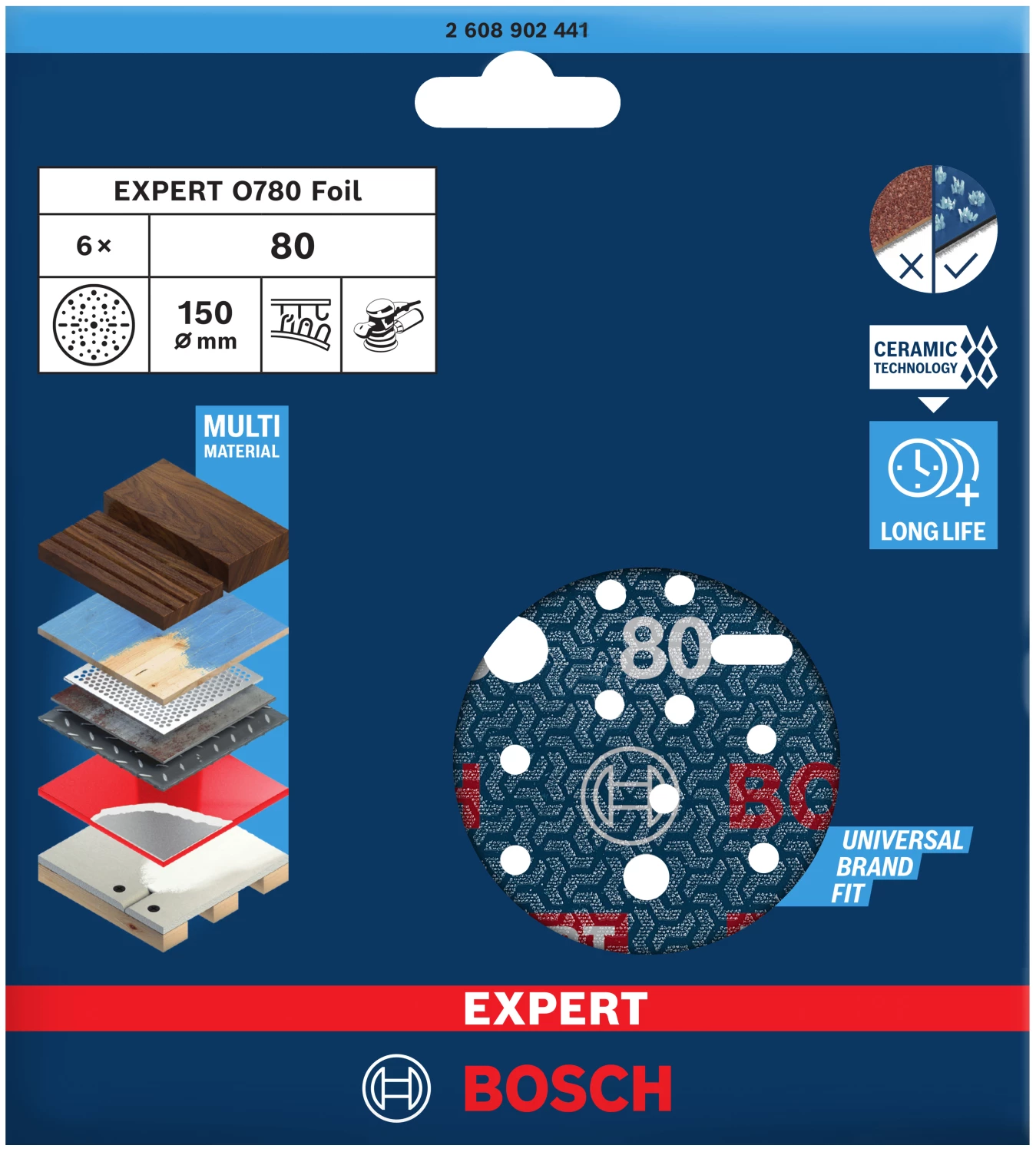 Bosch 2608902441 Disque abrasif EXPERT O780 avec support film - 150 mm - K80 (6 pièces)-image