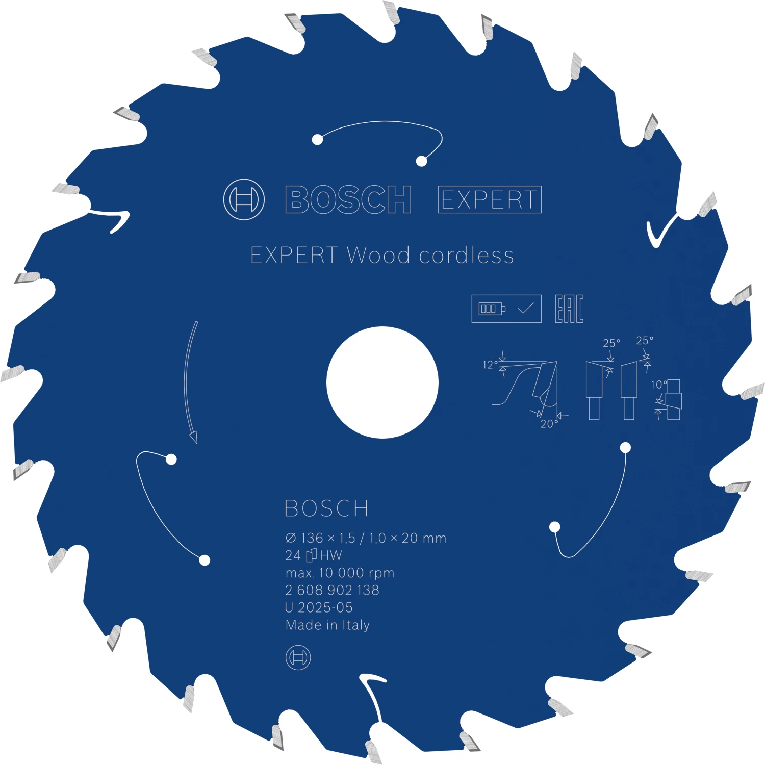 Bosch 2608902138 Lame de scie circulaire sans fil EXPERT pour bois - 136 x 20 x 24D-image