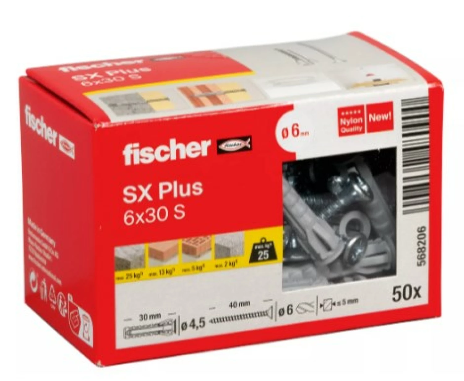 Fischer 568206 SX Plus Pluggen - 6 x 30mm - met schroef 4,5 x 40mm (50 st)-image
