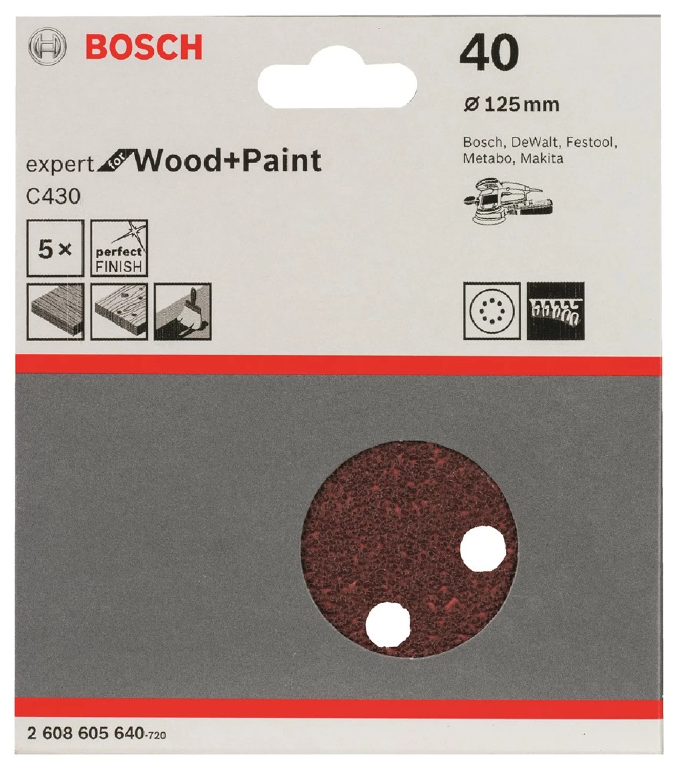 Bosch 2608605640 - Abrasif C430 Expert for Wood and Paint, diamètre 125 mm, grain 40, 8 trous, 5x-image