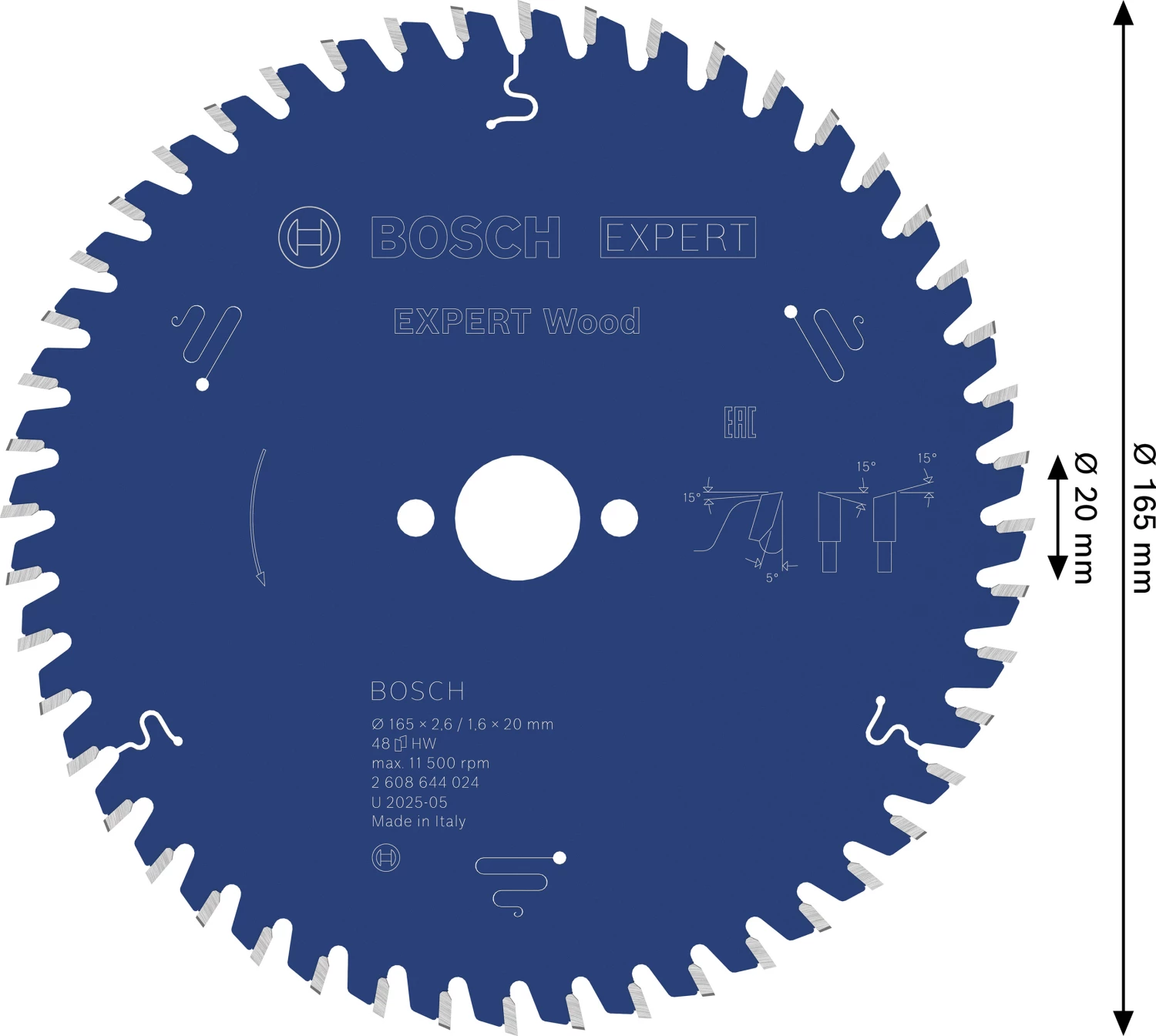 Bosch 2608644024 - Lame de Scie Circulaire Expert pour Wood, 165 x 20 x 2,6 mm, 48D-image