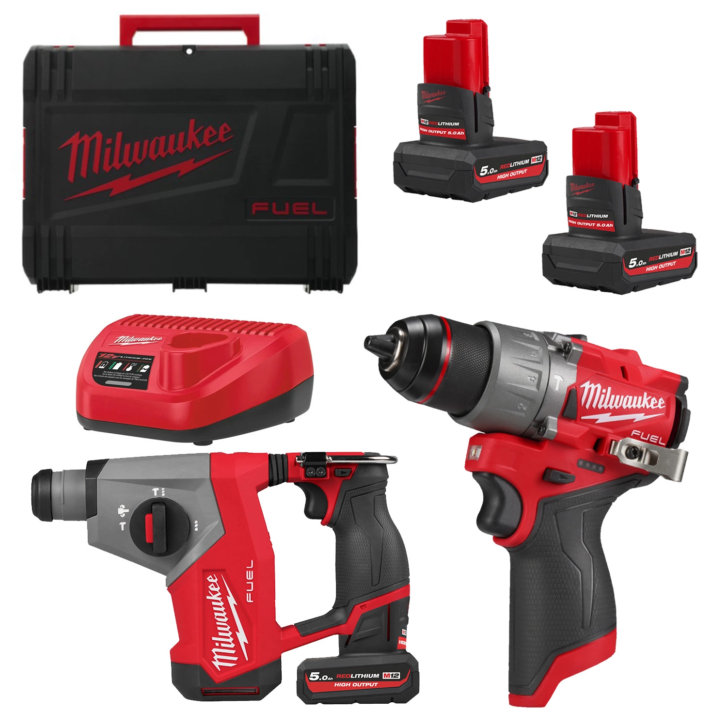 Milwaukee M12 FPP2BG2-502X 12 V Li-ion batterie perceuse-visseuse à percussion (M12 FPD2) & marteau combiné (M12 FHAC16) kit combiné (2 batteries 5,0 Ah) dans un coffret HD-image