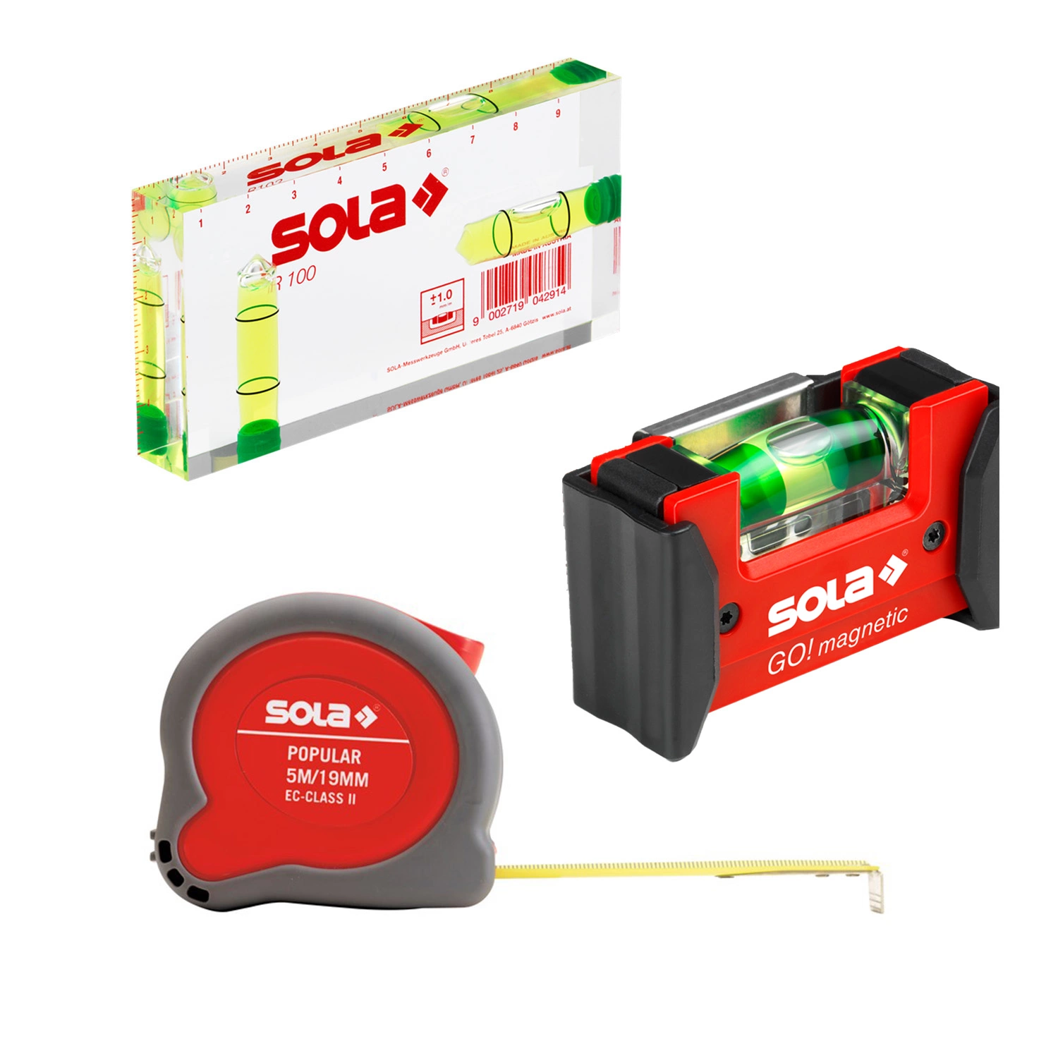 Sola GO! Clip Magnetic waterpas combo set + R 100 architecten waterpas + Popular PP 5m rolmaat-image
