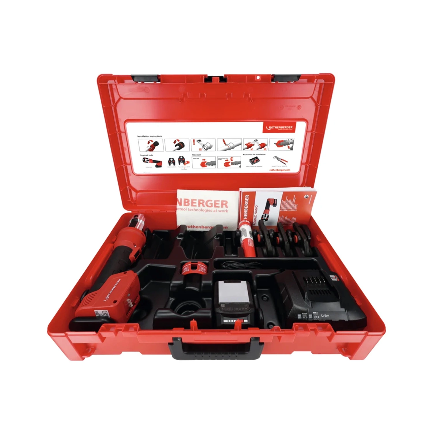 Rothenberger 1000005044 Romax Nano 18 V, kit de pince à sertir iJAWs à batterie (1 batterie 2,0 Ah + chargeur) avec mâchoires M - 15-22-28 mm - CAS