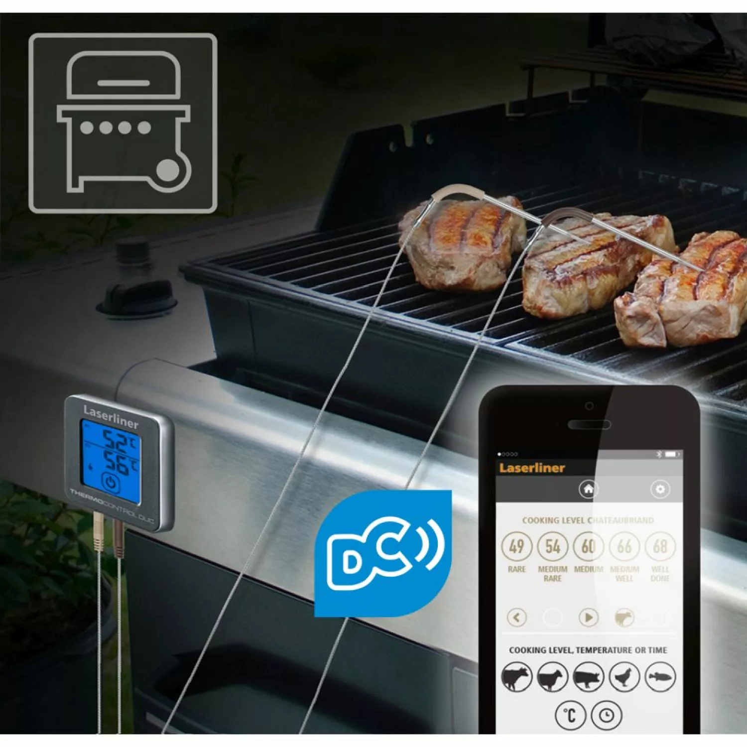 Laserliner 082.429A - Thermomètre numérique pour degré cuisson plats à base de viande ThermoControl
