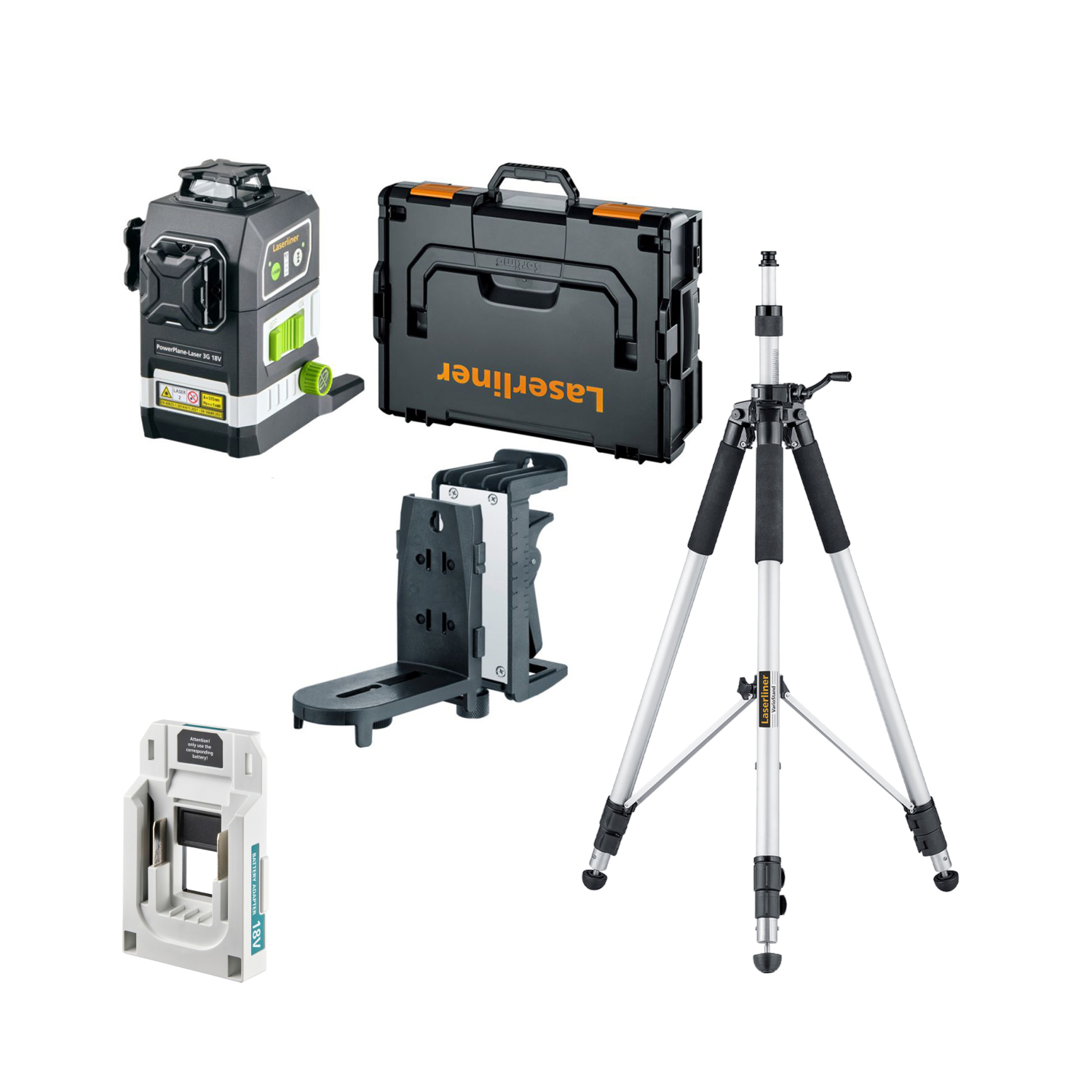 Laserliner PowerPlane-Laser 3G Multi-18V Kruislijnlaser in L-Boxx - 3 lijnen - groen - 60m - IP54 + VarioStand L laserstatief + Makita adapter-image
