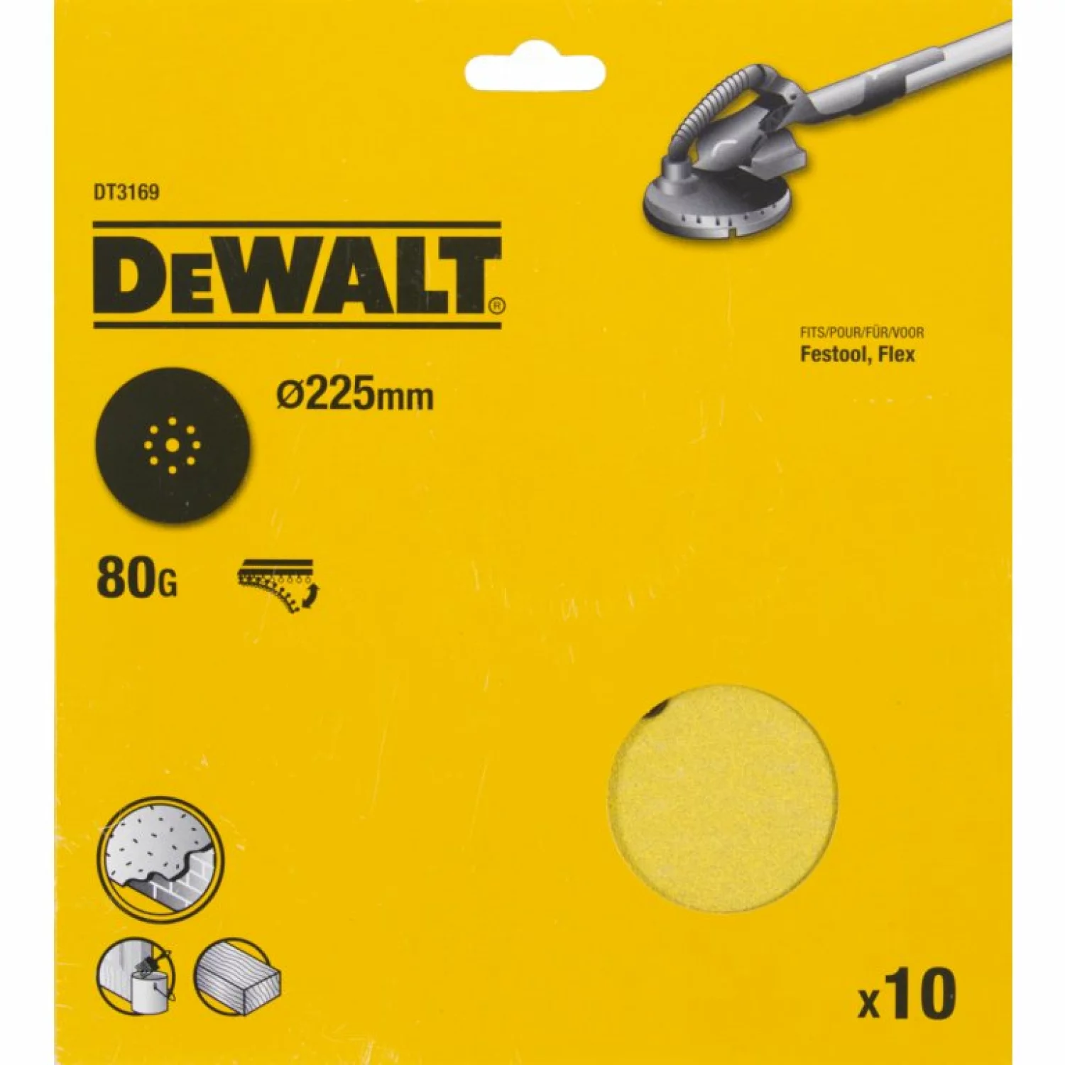 DeWALT DT3169 Disque abrasif - K80 - 225 mm - 9 trous - 10 pièces