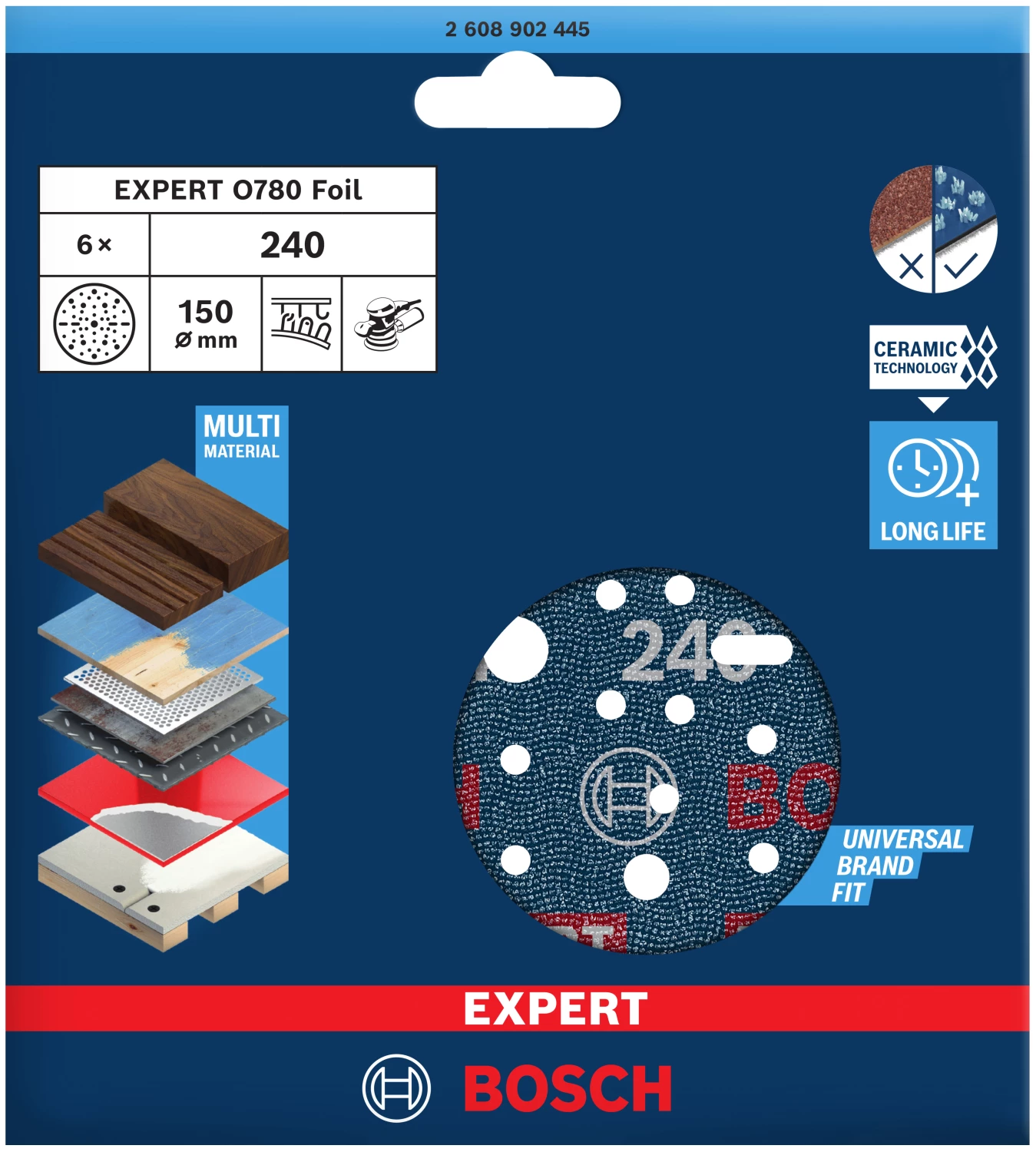 Bosch 2608902445 Disque abrasif EXPERT O780 avec support film - 150 mm - K240 (6 pièces)-image