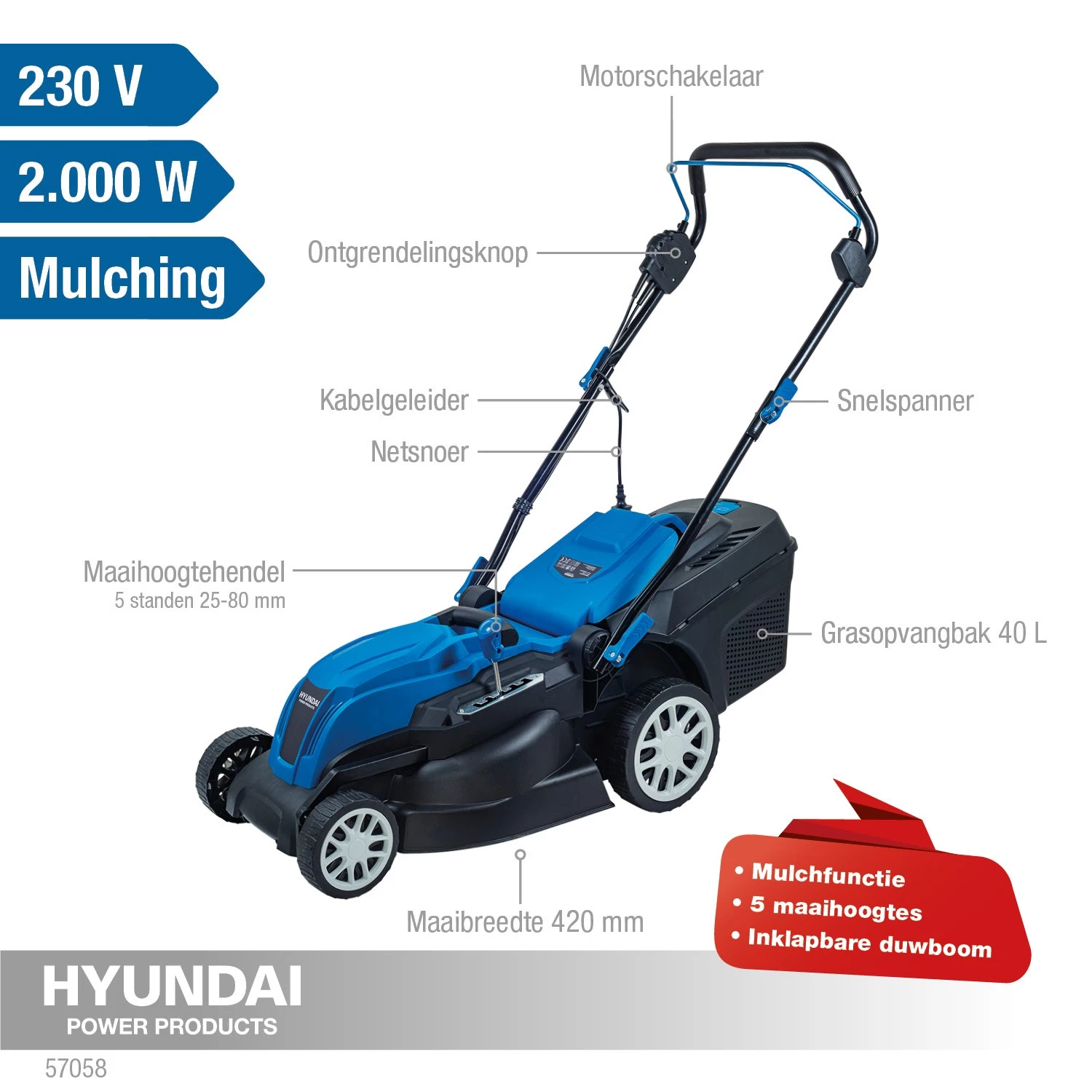 Hyundai 57058 grasmaaier - 2000W - 42cm-image