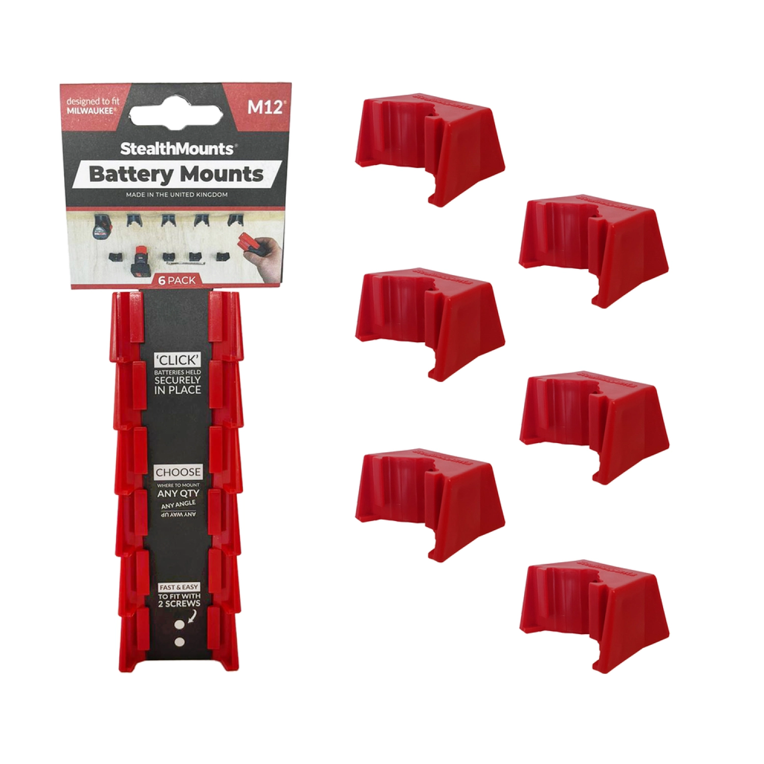 StealthMounts BM-MW12-RED-6 Batterijhouders voor Milwaukee M12 (6 stuks) - Rood-image