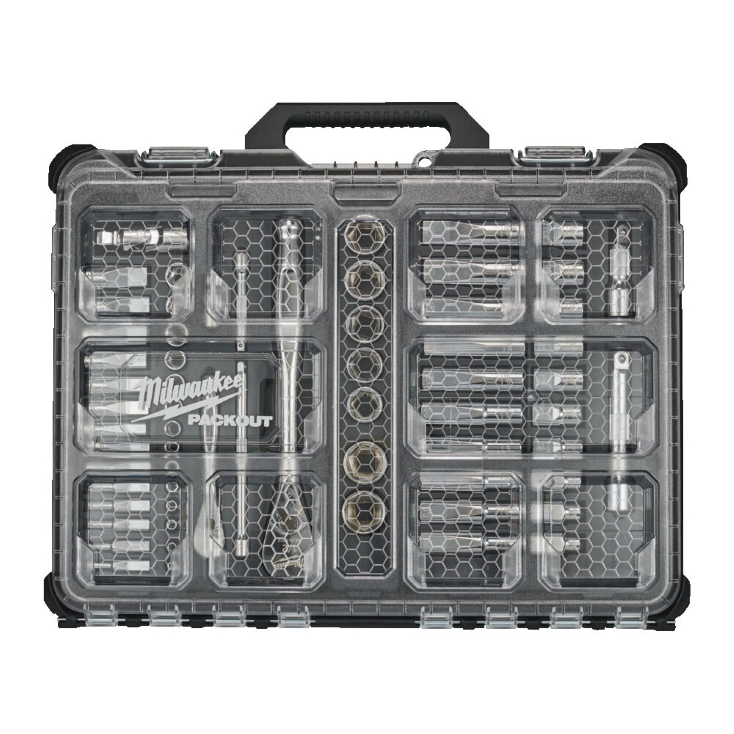 Milwaukee 4932493661 Jeu de clés à cliquet et de douilles PACKOUT avec entraînement 1/4" et 1/2" (63 pièces)-image