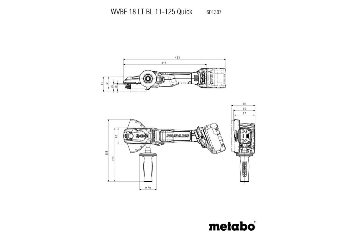 Metabo WVBF 18 LT BL 11-125 Quick 18V Li-ion Meuleuse d'angle à tête plate sans fil en MetaBox - 125mm-image