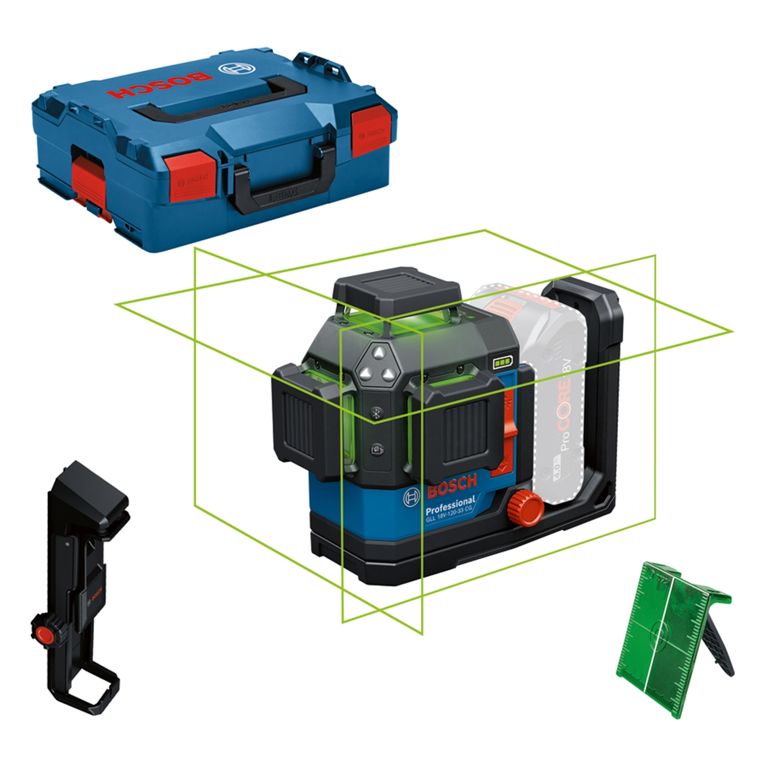 Bosch GLL 18V-120-33 CG 18V accu kruislijnlaser body in L-Boxx - groen - 3x 360-image