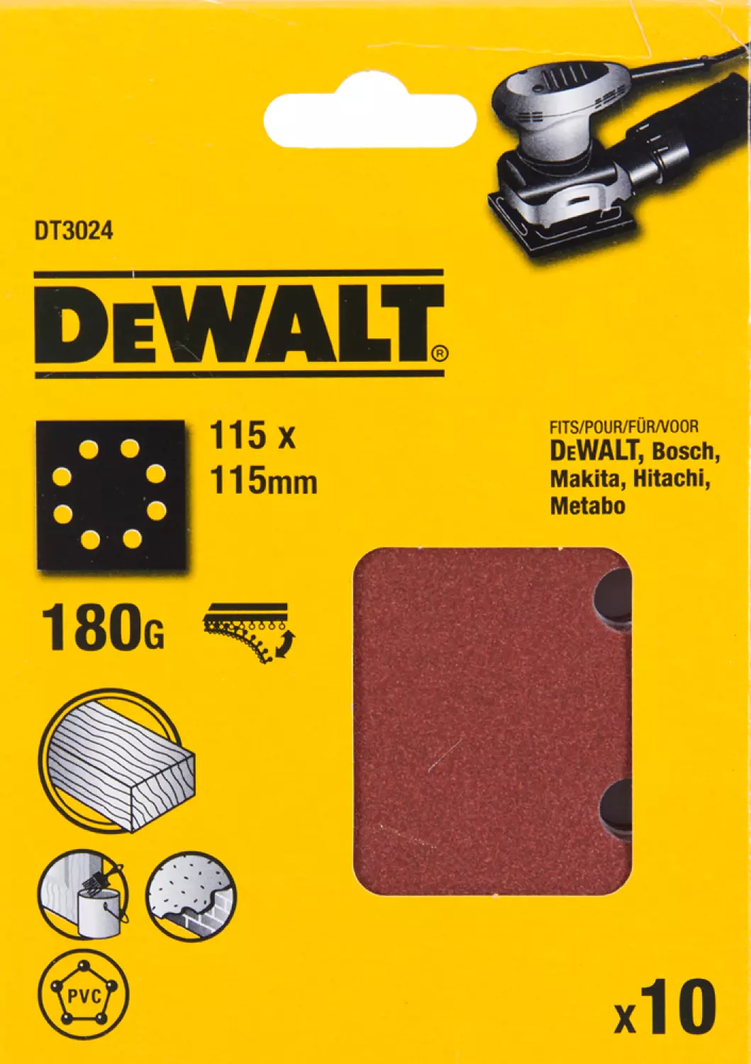 Feuille de ponçage plat DeWALT DT3024 - K180 - 115 x 115 mm (10e)-image