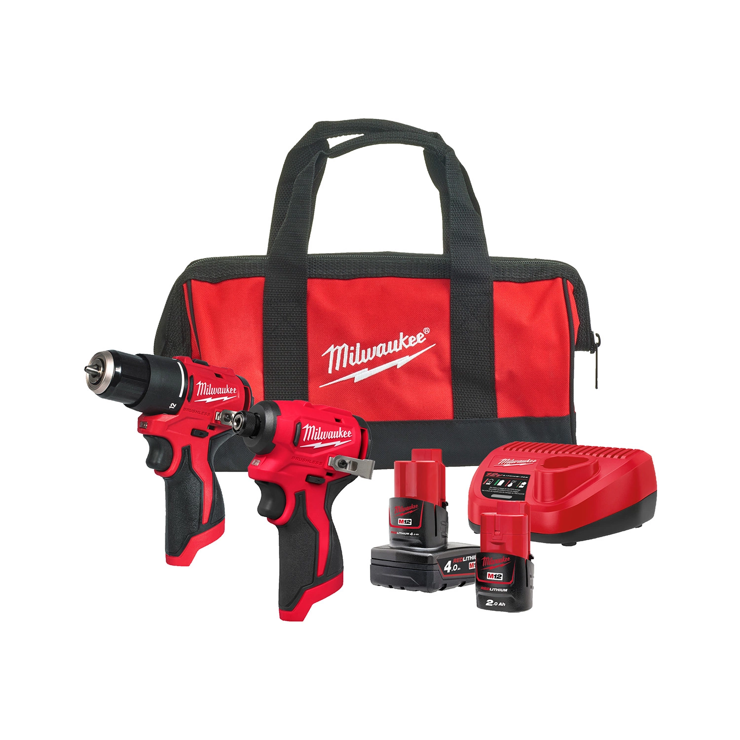 Milwaukee M12 BLPP2B-422B 12V Li-ion accu schroefboormachine (M12 BLPDRC-0) & slagschroevendraaier ( M12 BLIDRC-0) combiset (1x 2.0Ah + 1x 4.0Ah accu) in tas-image