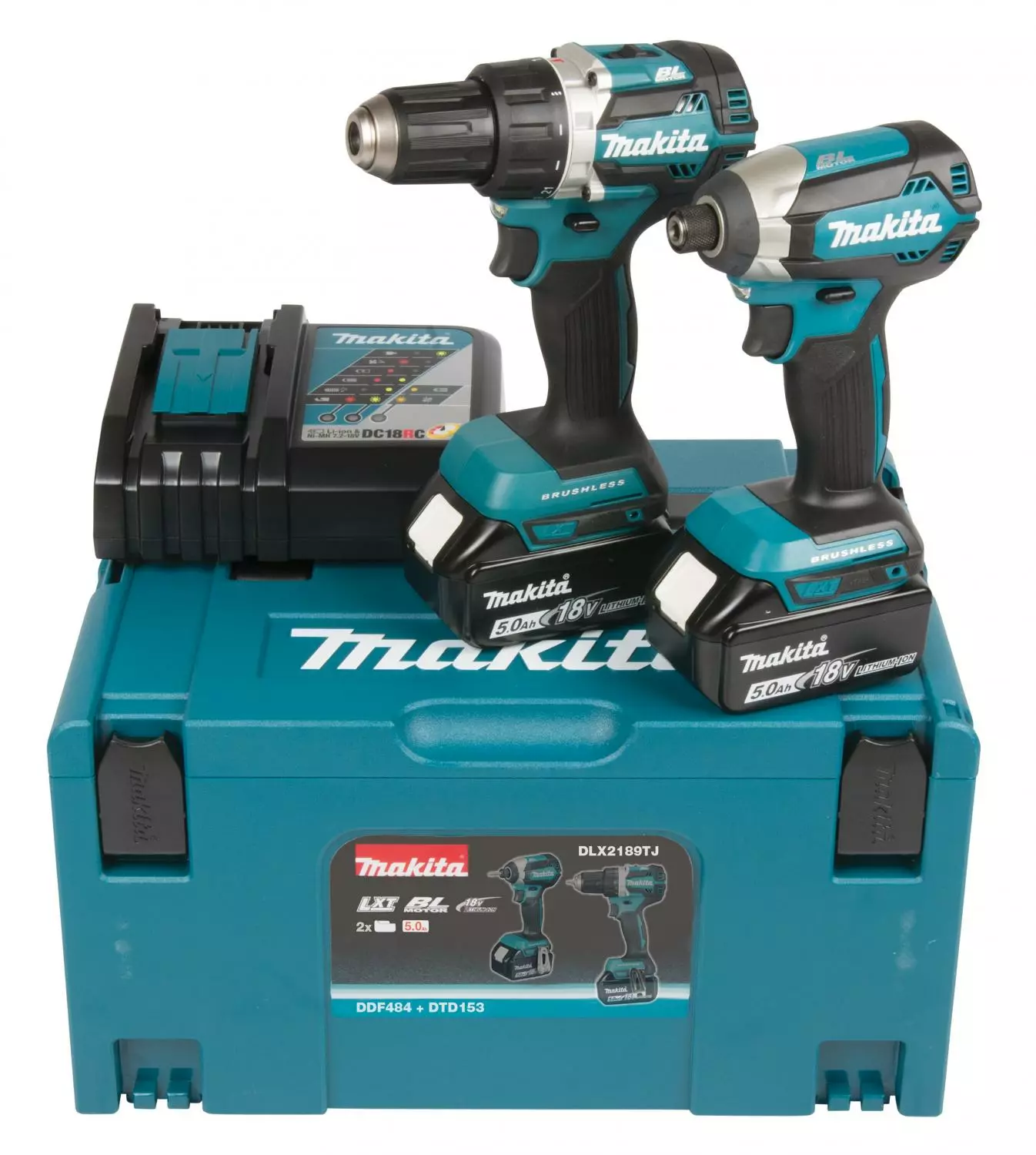 Makita DLX2189TJ Pack sans-fil - 18 V Li-ion - Visseuse perceuse (DDF484) et Perceuse visseuse à percussion (DTD153) - 2 batteries 5,0 Ah - Mbox - Brushless-image