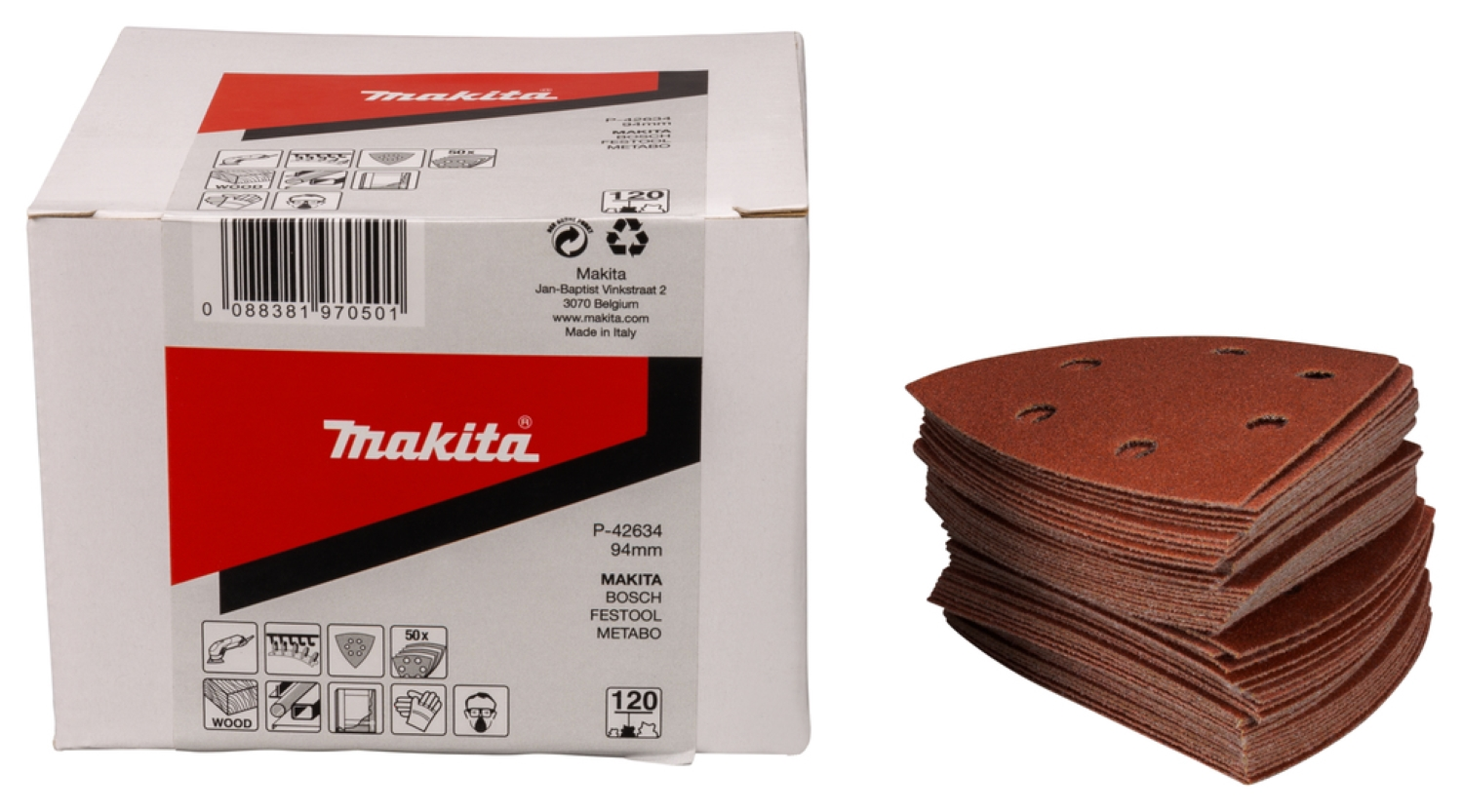 50 feuilles abrasives Delta Makita P -42634 - 94 x K120 - Bois-image