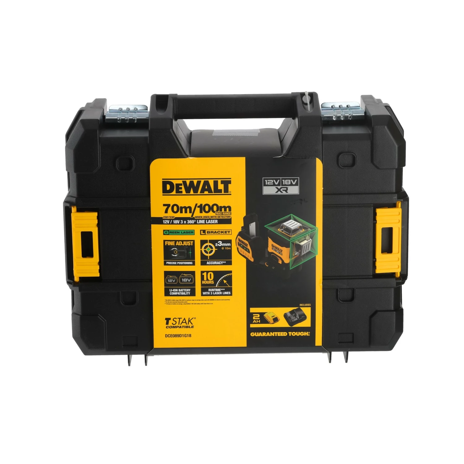 DeWALT DCE089D1G18 12V / 18V Li-ion accu zelfnivellerende 3x 360 graden kruislijnlaser set (1x 2.0Ah accu) in koffer - 3 lijnen - 30m - groen-image