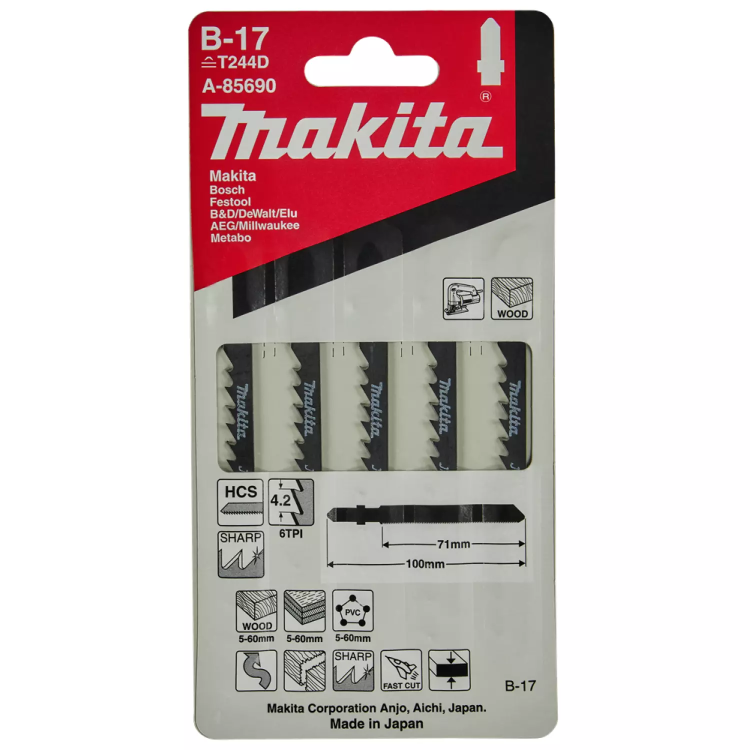 Makita A -85690 HCS Lame de scie sauteuse B17 - coupe rapide- Bois / Plastic (5 pcs)-image