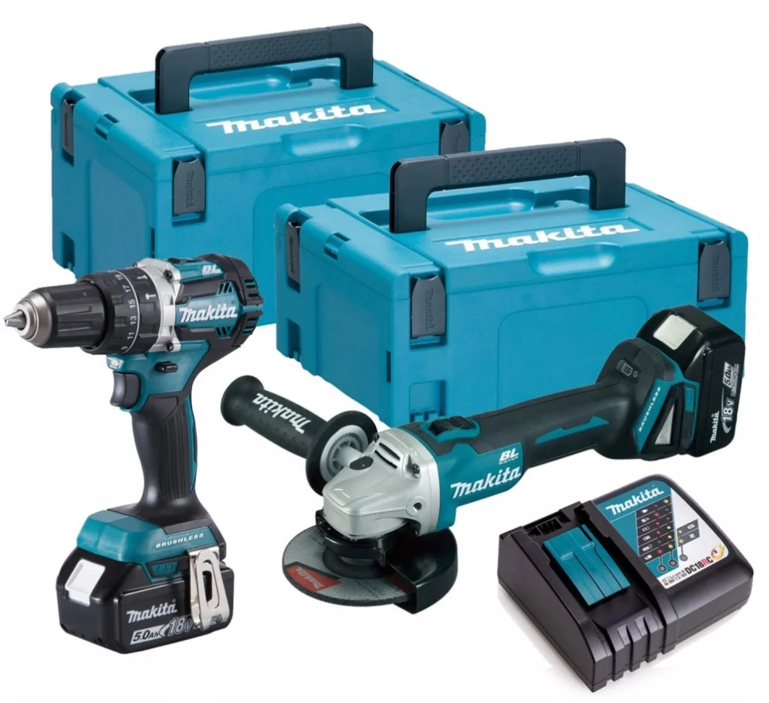 Makita DLX2210TJ1 18V Li-Ion accu klopboor-/schroefmachine (DHP484Z) & haakse slijper (DGA506) combiset (2x 5Ah accu) in Mbox-image