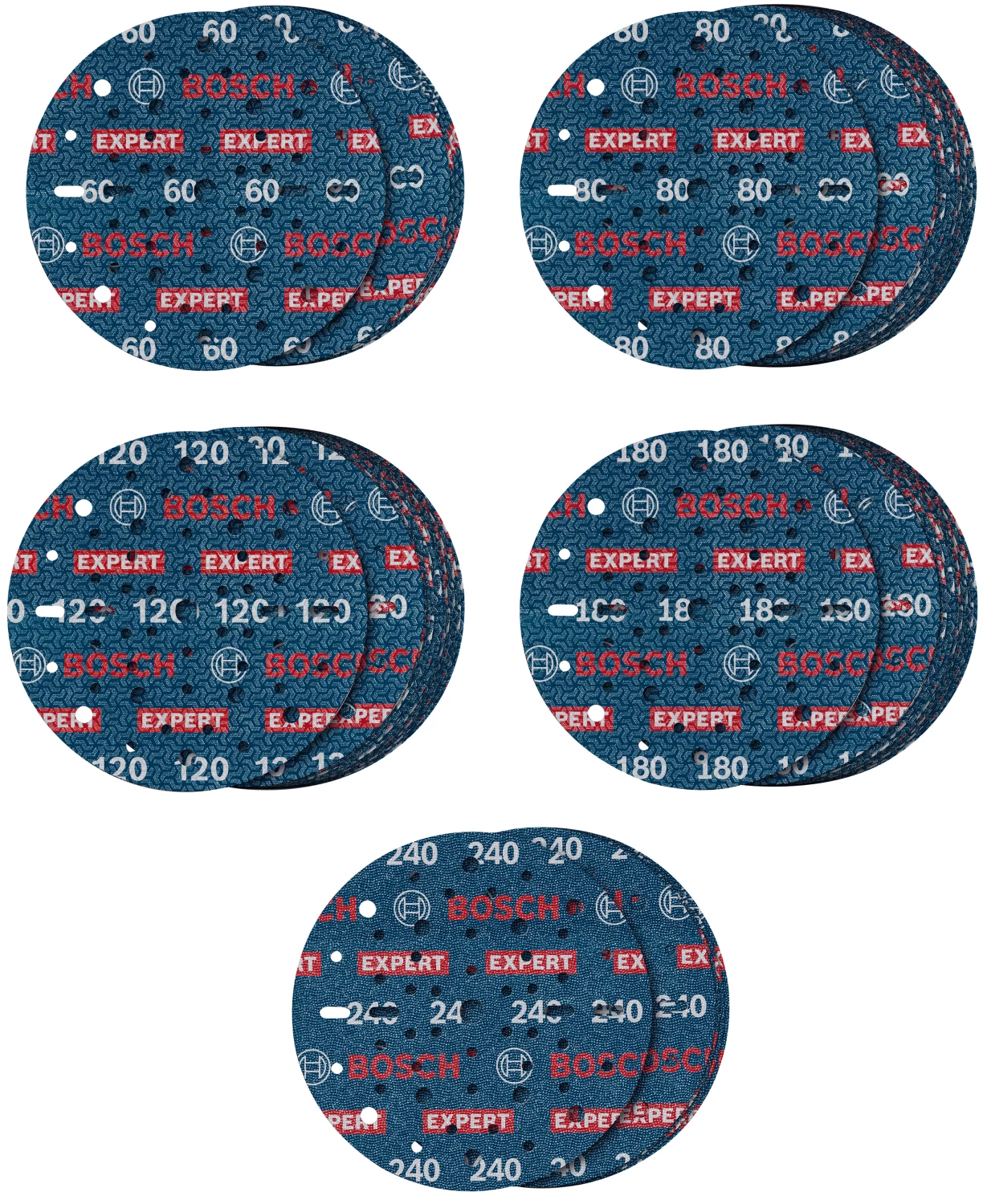 Bosch 2608902470 EXPERT Jeu de 55 disques abrasifs O780 avec support film - 150 mm - 5xK60/15xK80/15xK120/15xK180/5xK240-image