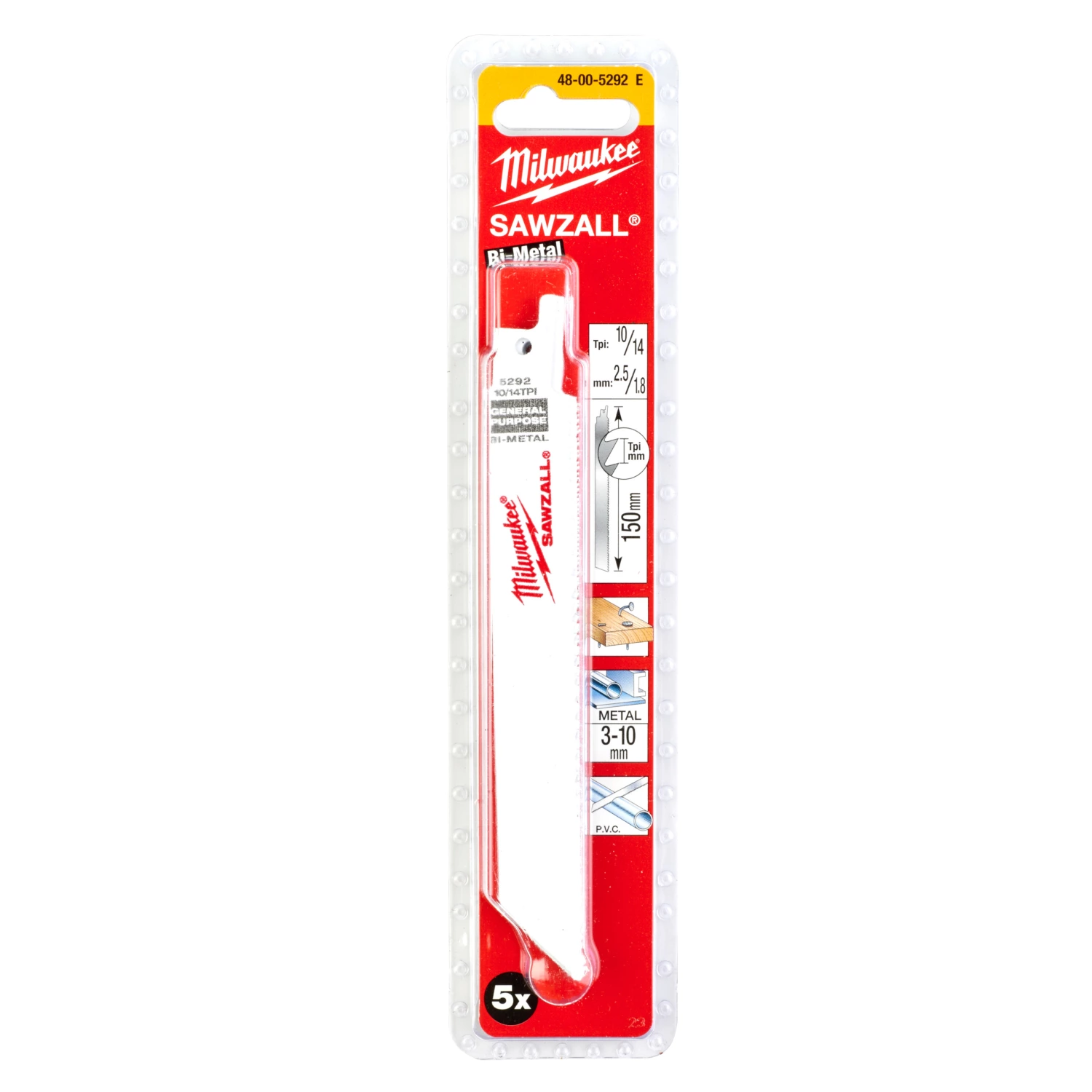Milwaukee 48475292 Lame de scie alternative Sawzall - 150 x 10/14TPI - bois/métal/plastique - 5 pcs.-image