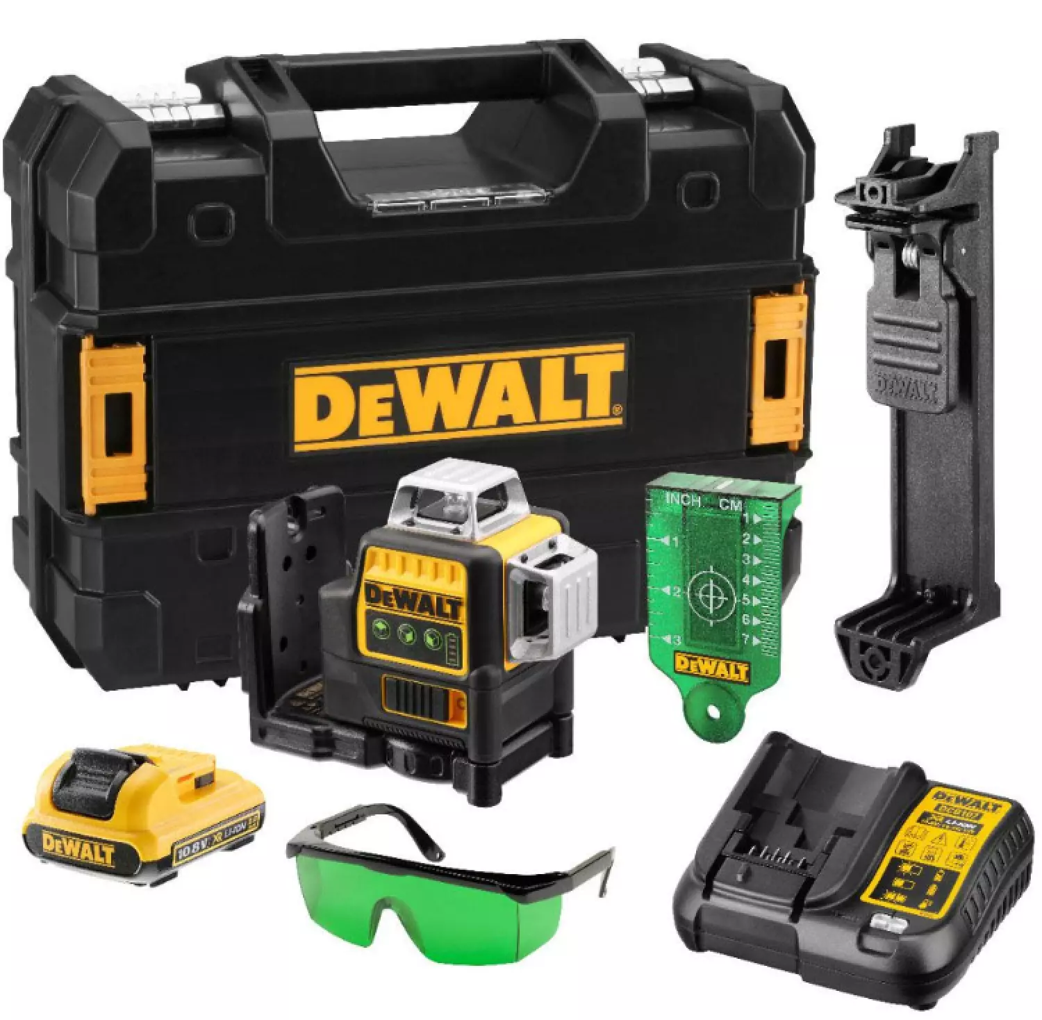 DeWALT DCE089D1G 10,8 V Li-Ion batterie auto-nivelant 3x 360 degrés laser multiligne kit (1x 2,0 Ah batterie) dans un coffret - 3 lignes - 30 m - vert-image